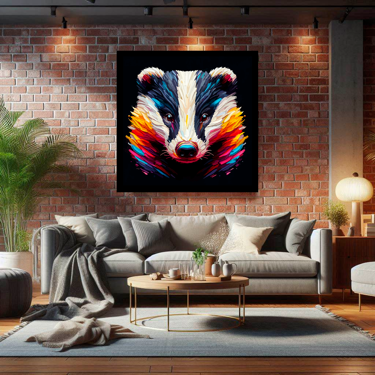 Large Badger canvas on brick wall above grey sofa - bold wildlife portrait UK living room