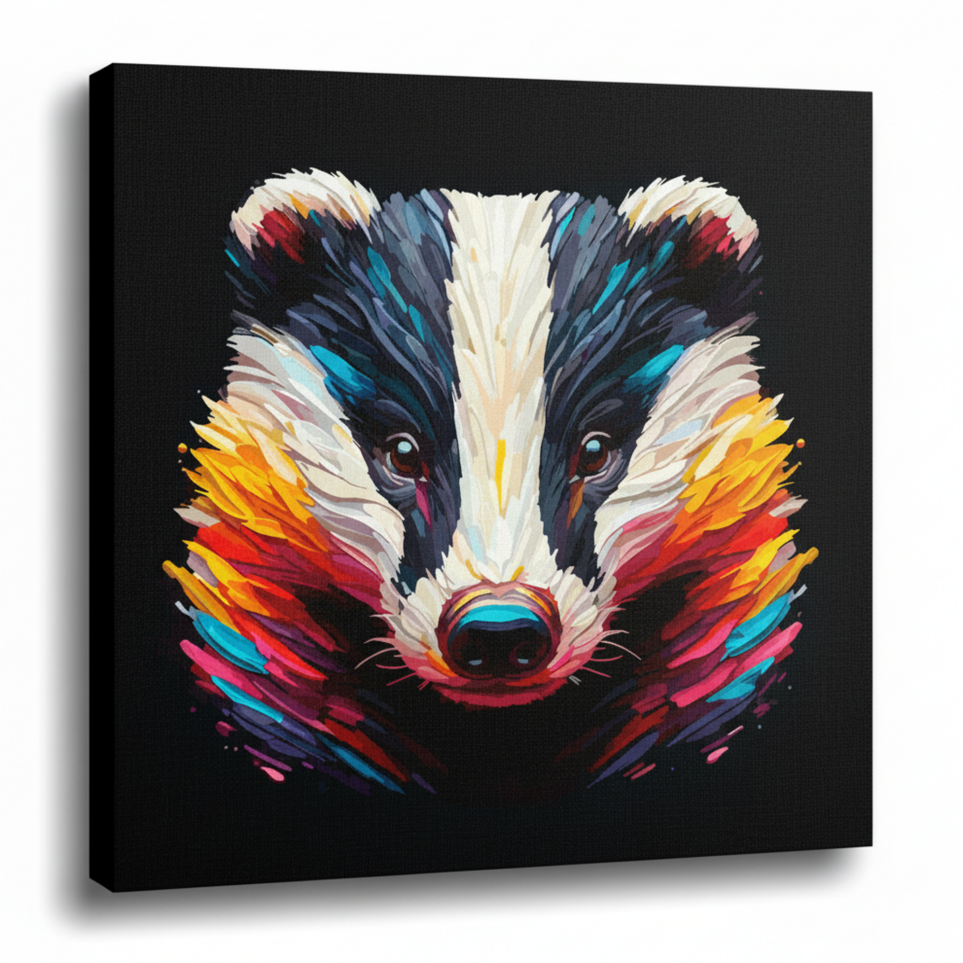 Colourful Badger wildlife portrait canvas print - UK made abstract animal wall art black background