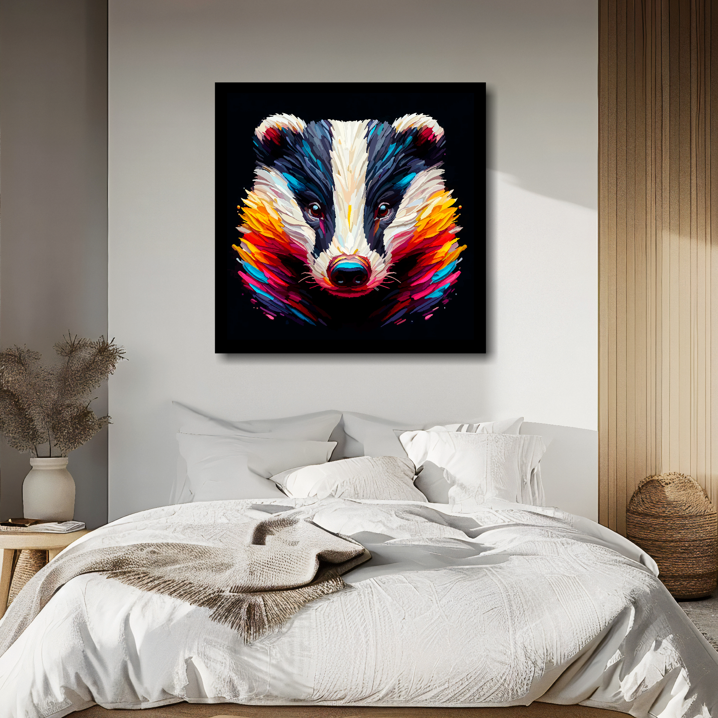 Badger portrait canvas above bed - colourful wildlife wall decor for UK bedrooms