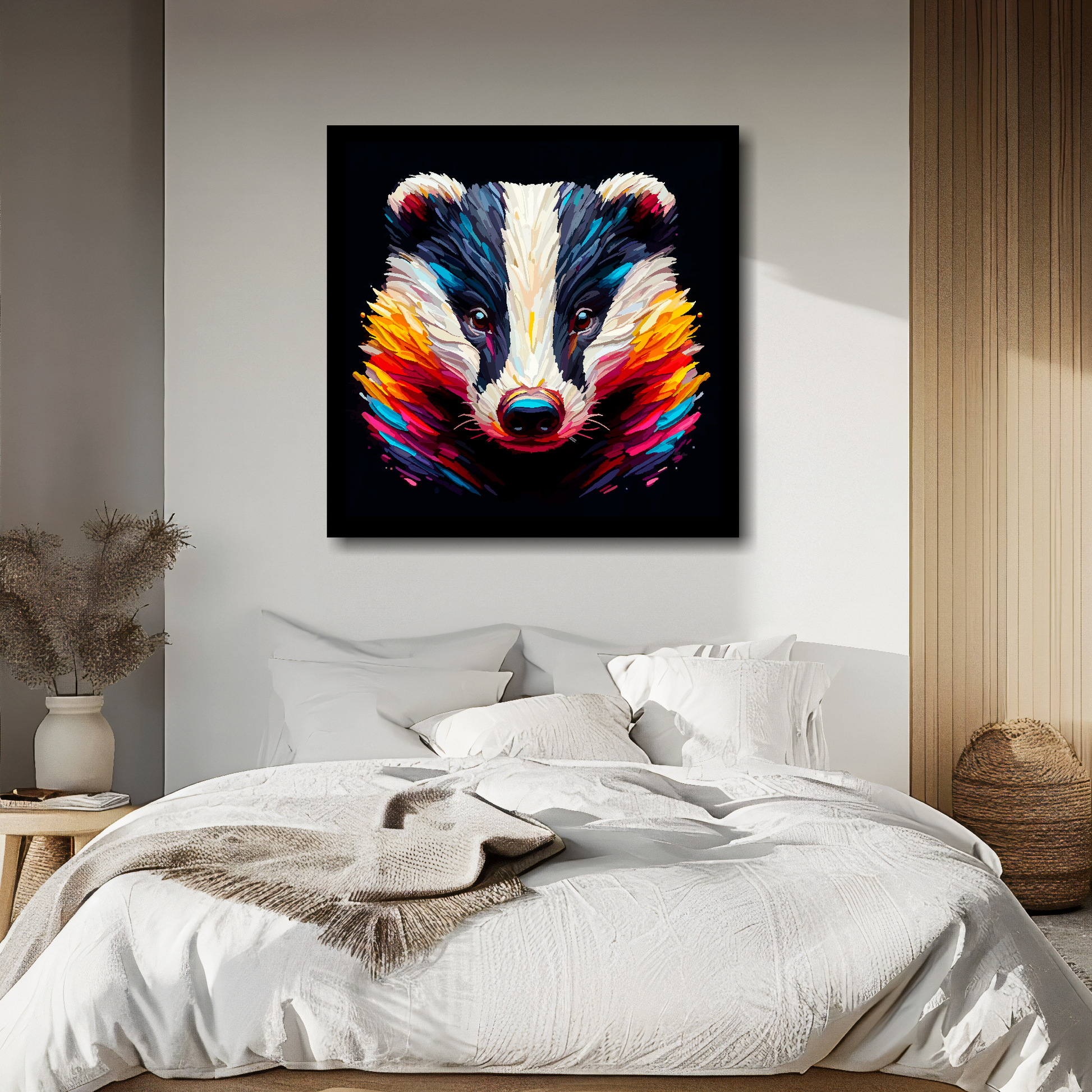 Badger portrait canvas above bed - colourful wildlife wall decor for UK bedrooms