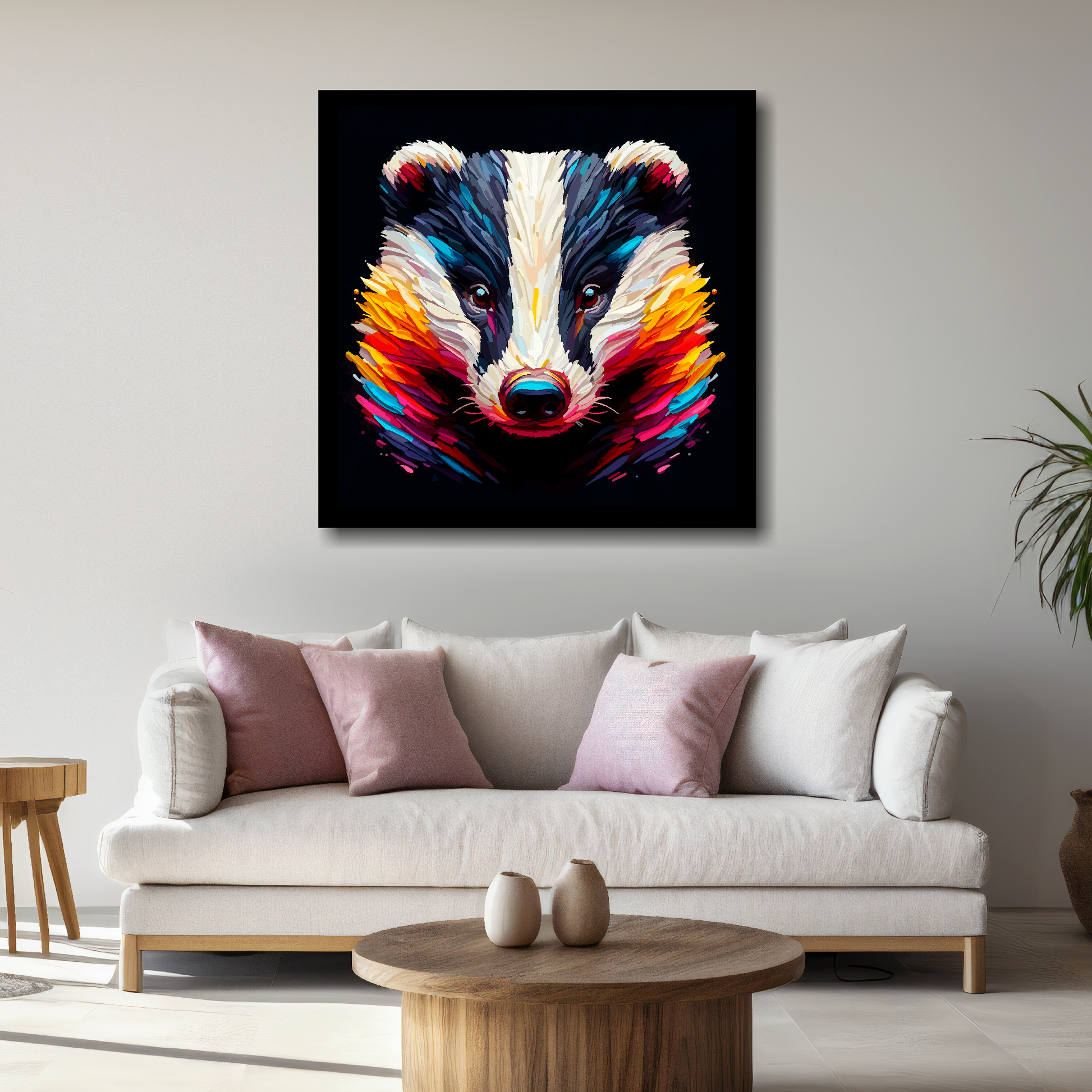 Large Badger canvas above white sofa - vibrant abstract wildlife portrait wall art UK