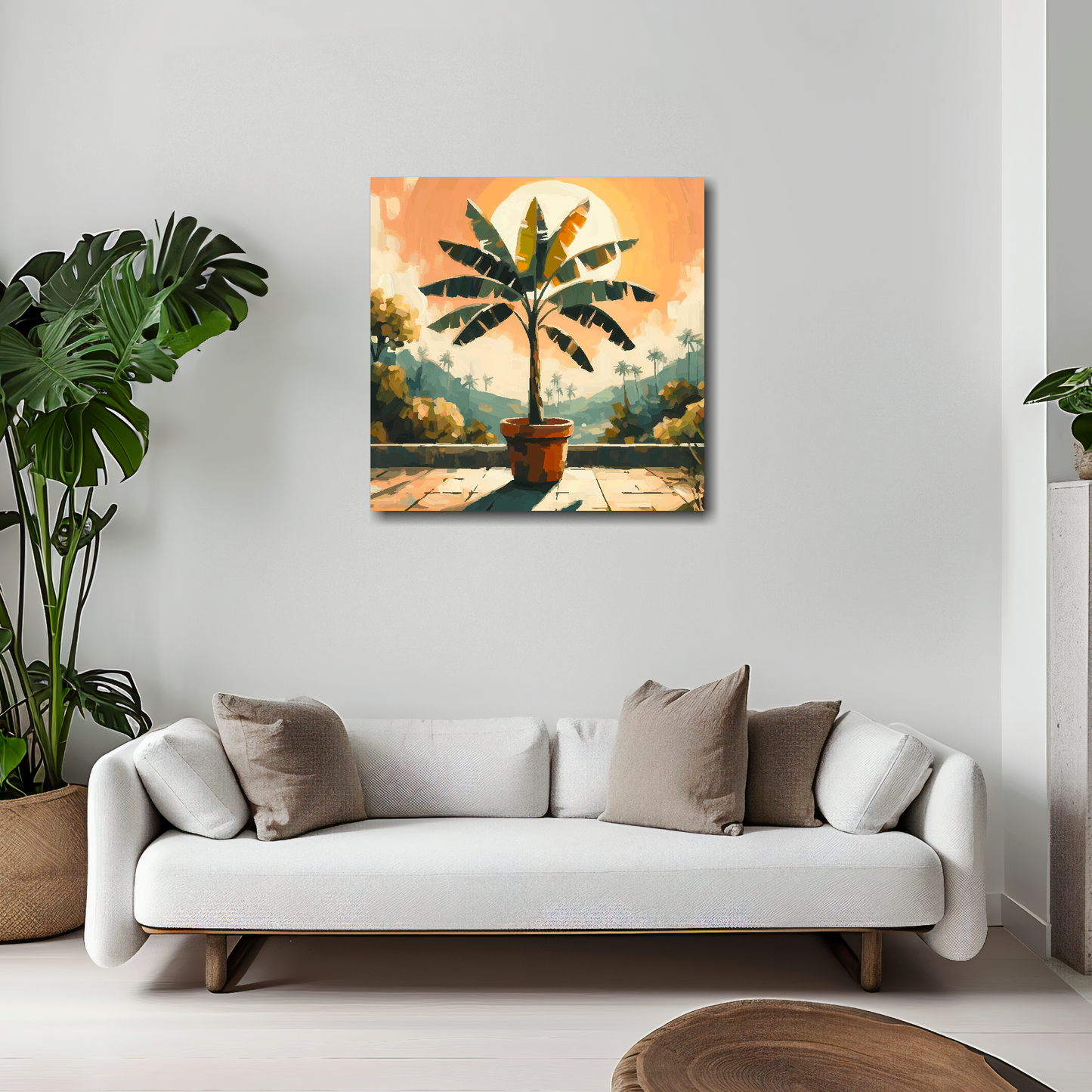 Banana tree canvas 20x20 inches above white sofa - vibrant botanical wall art UK
