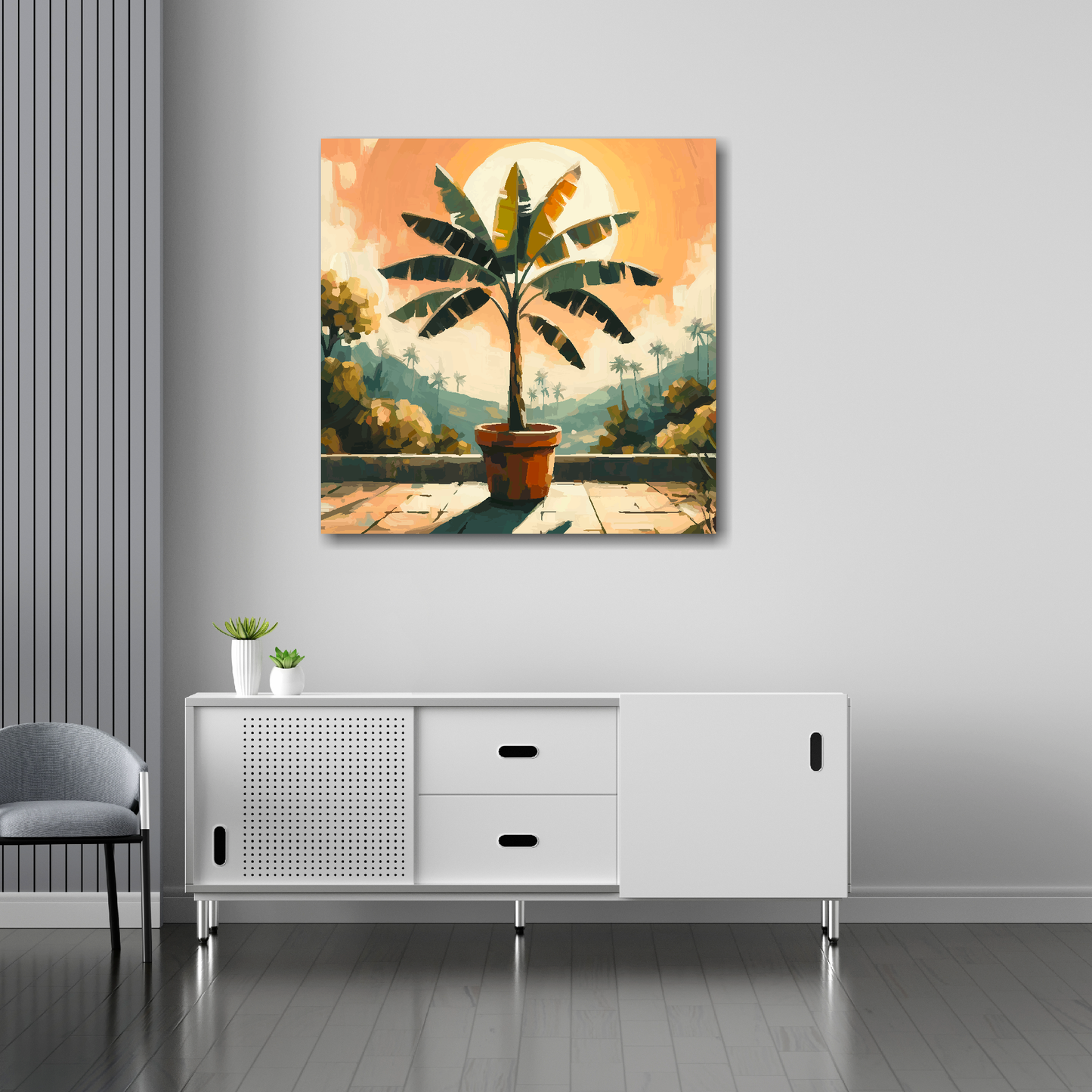 Banana tree canvas 30x30 inches above sideboard - large colourful botanical art UK made