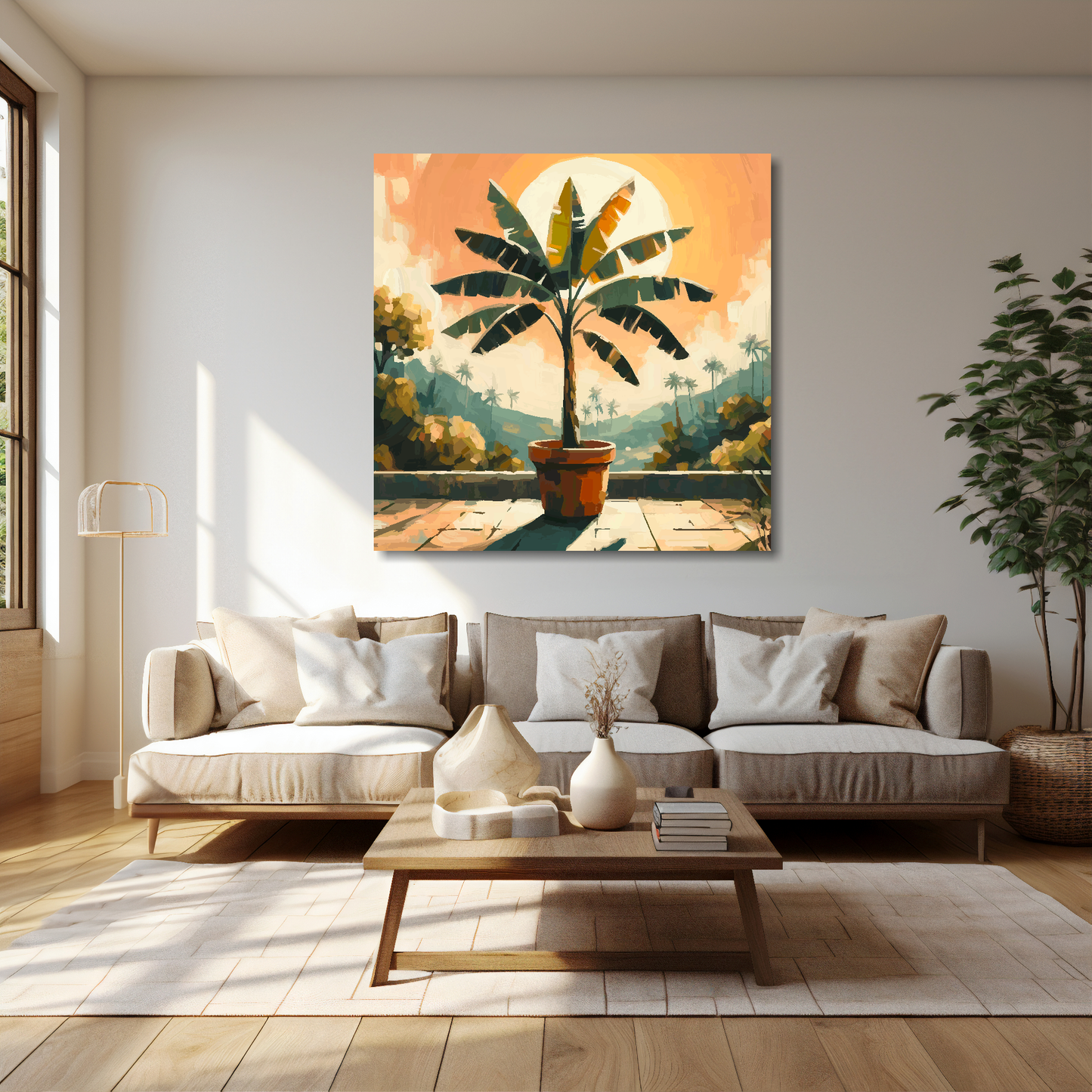 Banana tree canvas 40x40 inches above cream sofa - XL vibrant botanical wall art UK