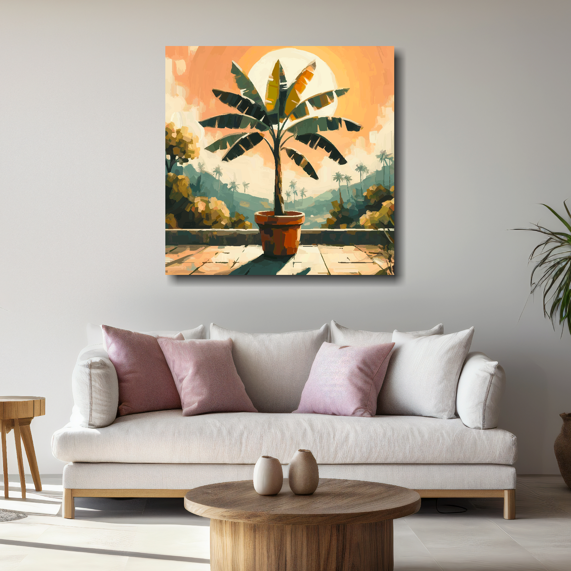 Large banana tree canvas above white sofa - vibrant abstract botanical wall art UK