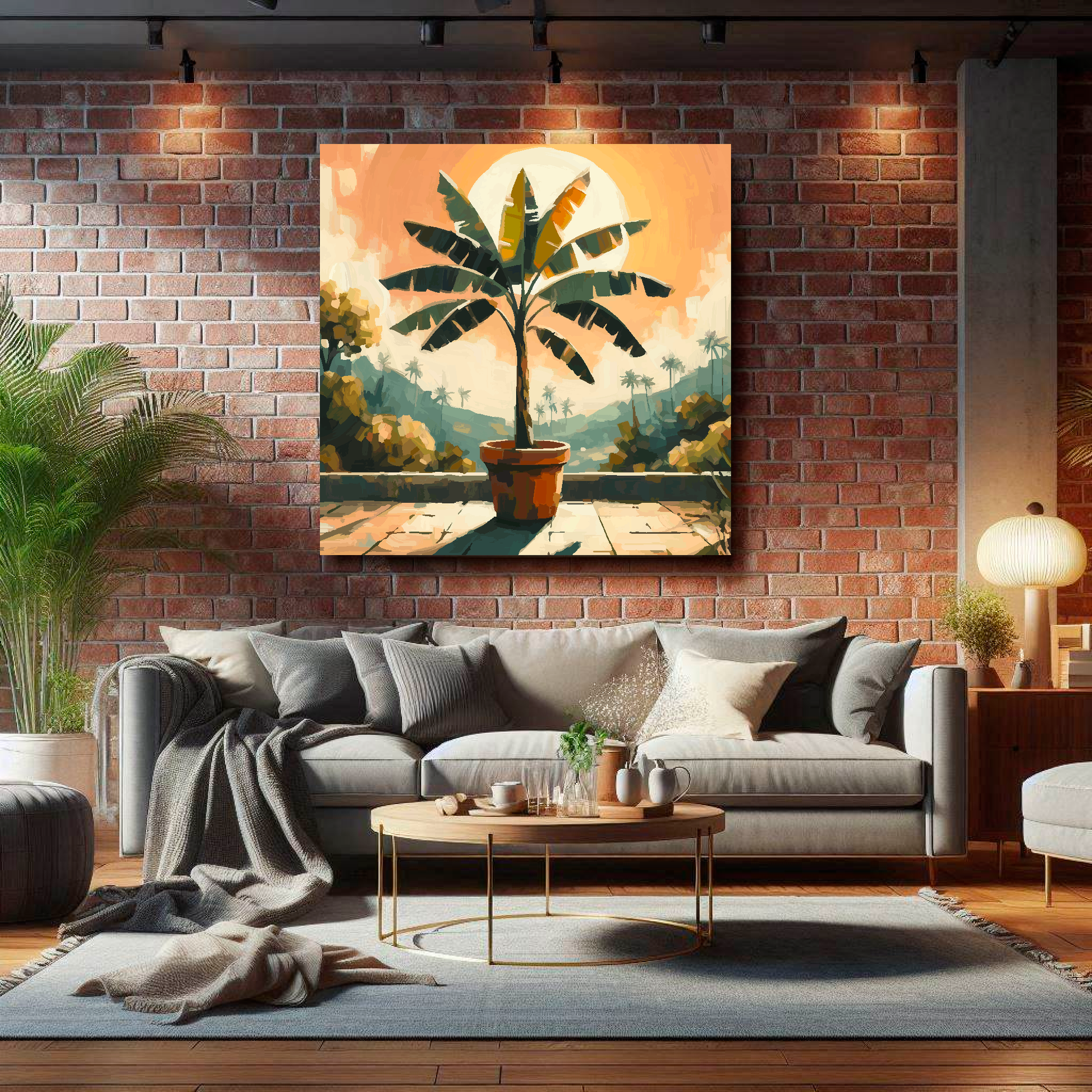 Large banana tree canvas on brick wall above grey sofa - bold botanical art UK living room