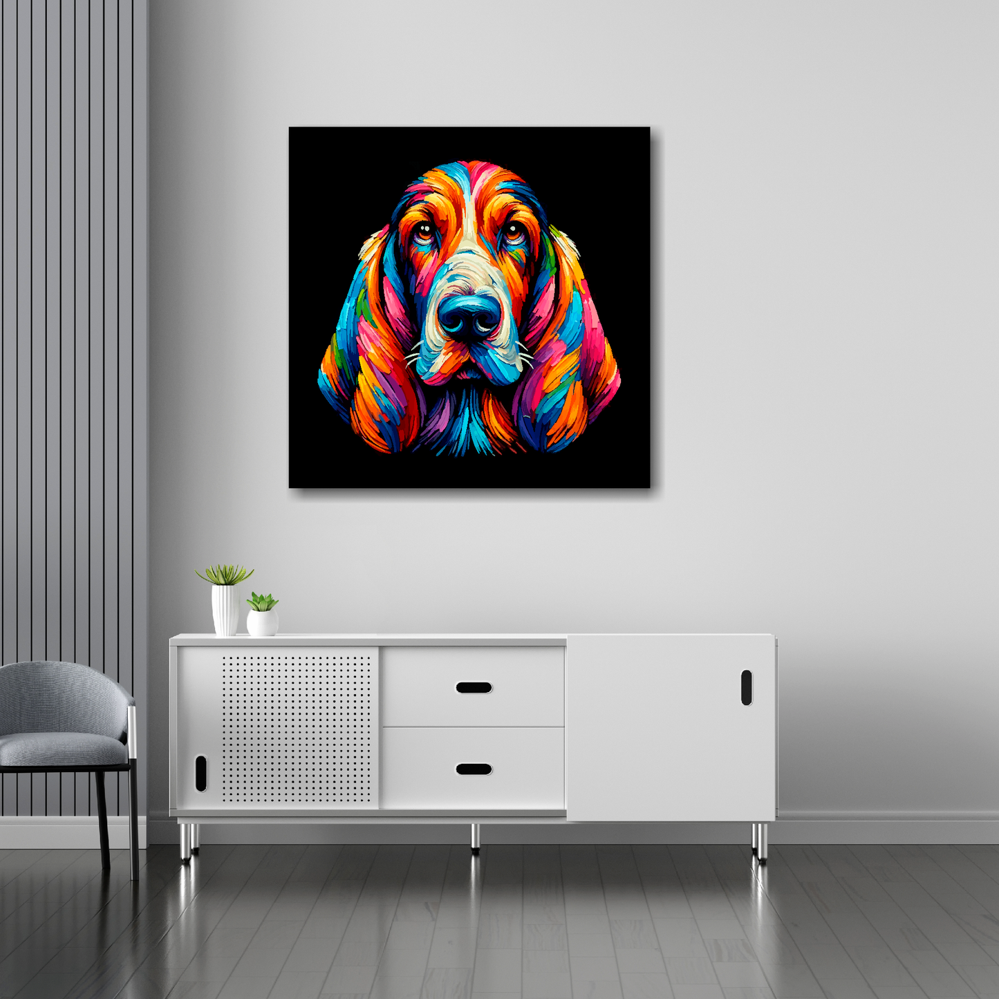 Basset Hound canvas 30x30 inches above sideboard - large colourful dog portrait UK made