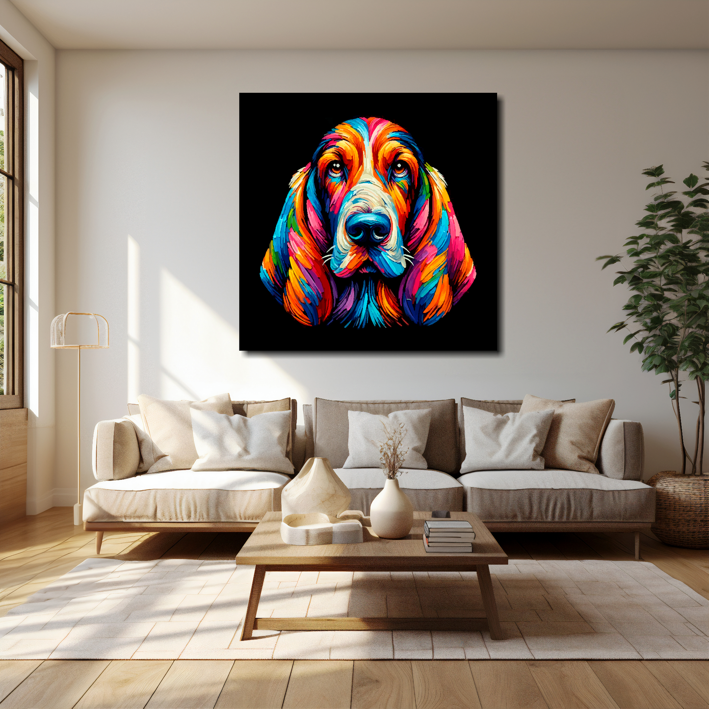Basset Hound canvas 40x40 inches above cream sofa - XL vibrant dog wall art UK