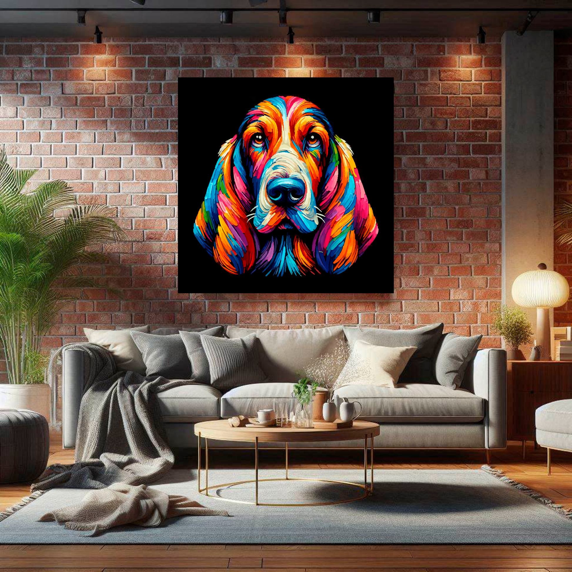 Large Basset Hound canvas on brick wall above grey sofa - bold dog portrait UK living room