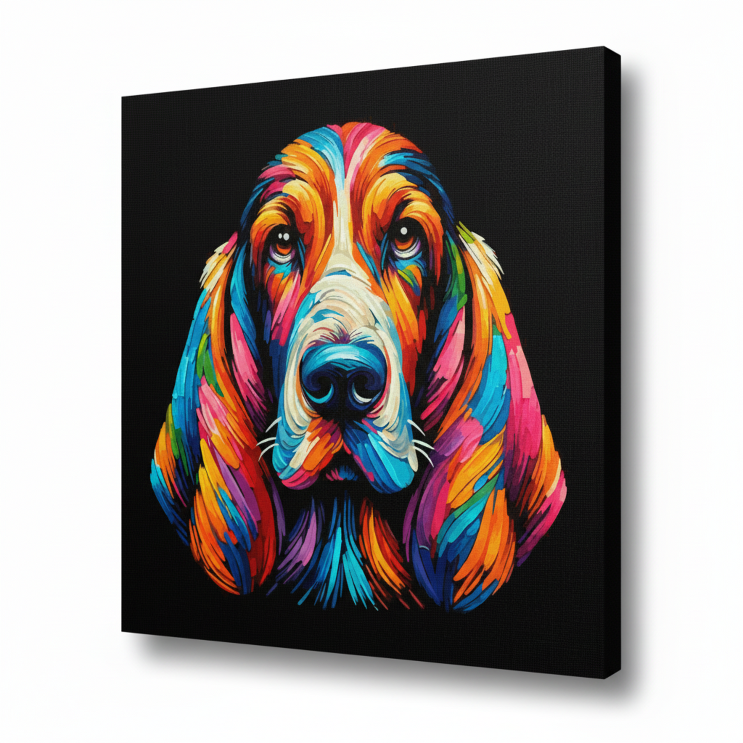 Colourful Basset Hound dog portrait canvas print - UK made abstract pet wall art black background