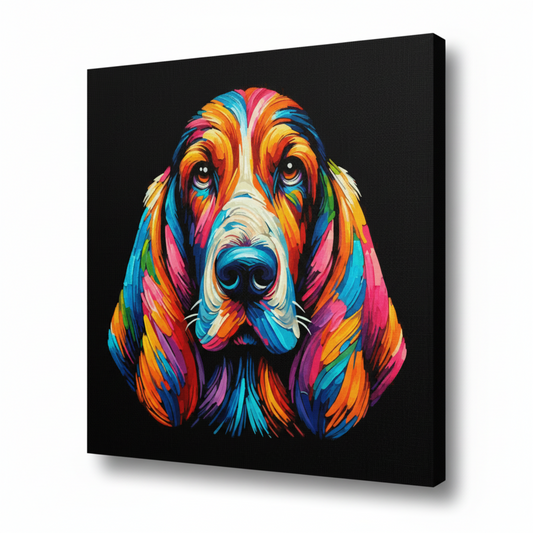Colourful Basset Hound dog portrait canvas print - UK made abstract pet wall art black background