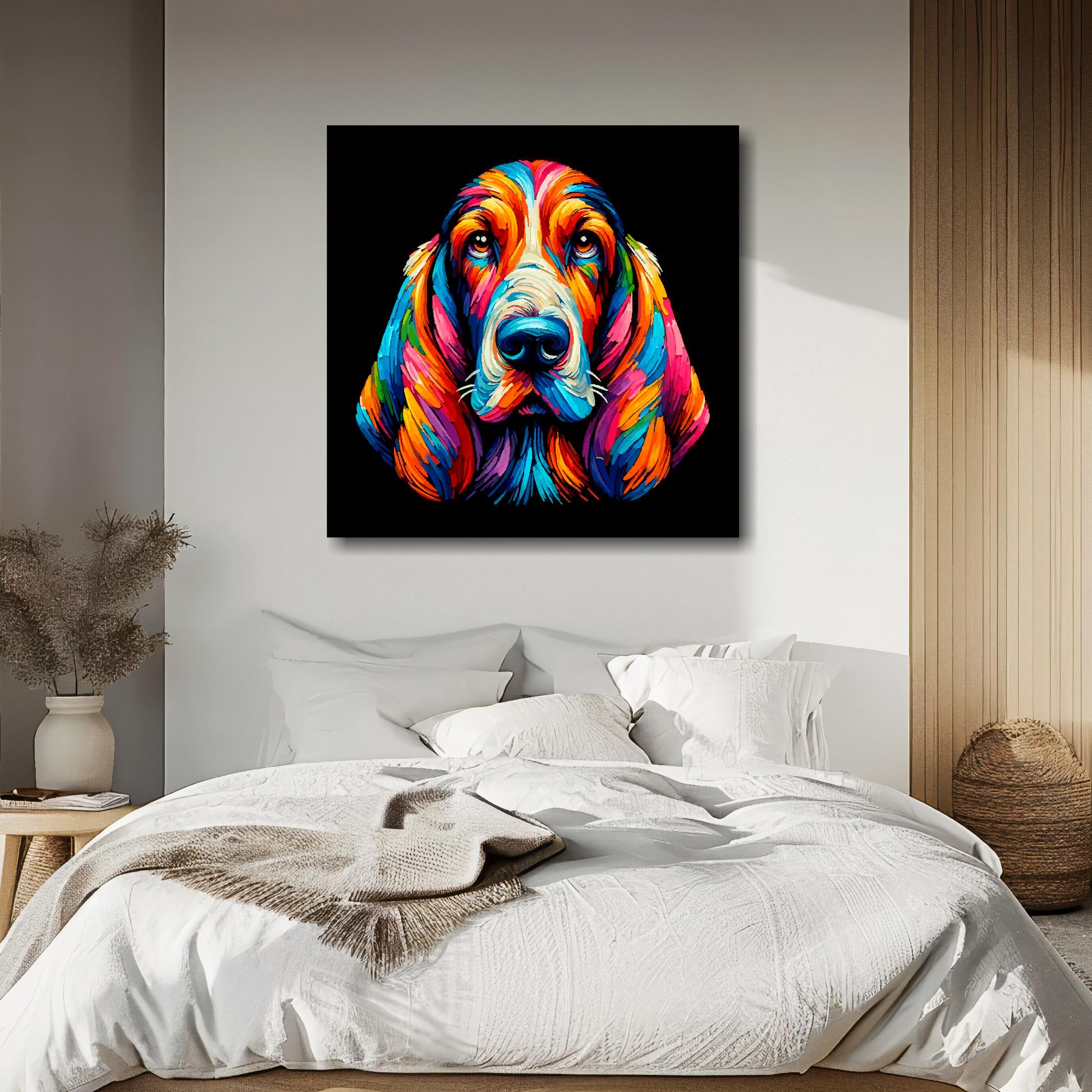 Basset Hound portrait canvas above bed - colourful dog wall decor for UK bedrooms