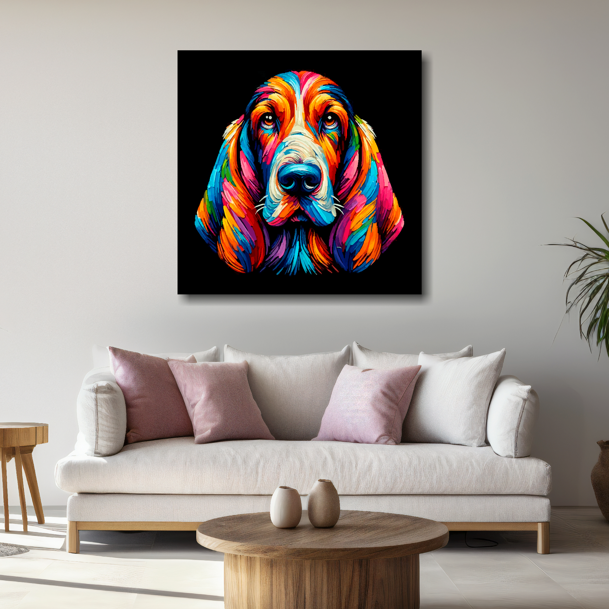 Large Basset Hound canvas above white sofa - vibrant abstract dog portrait wall art UK