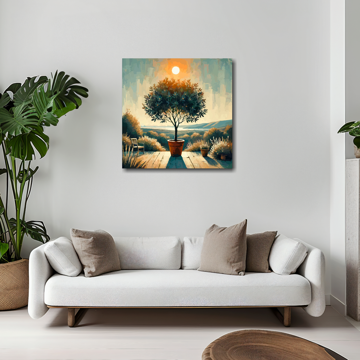 Bay tree canvas 20x20 inches above white sofa - vibrant botanical wall art UK