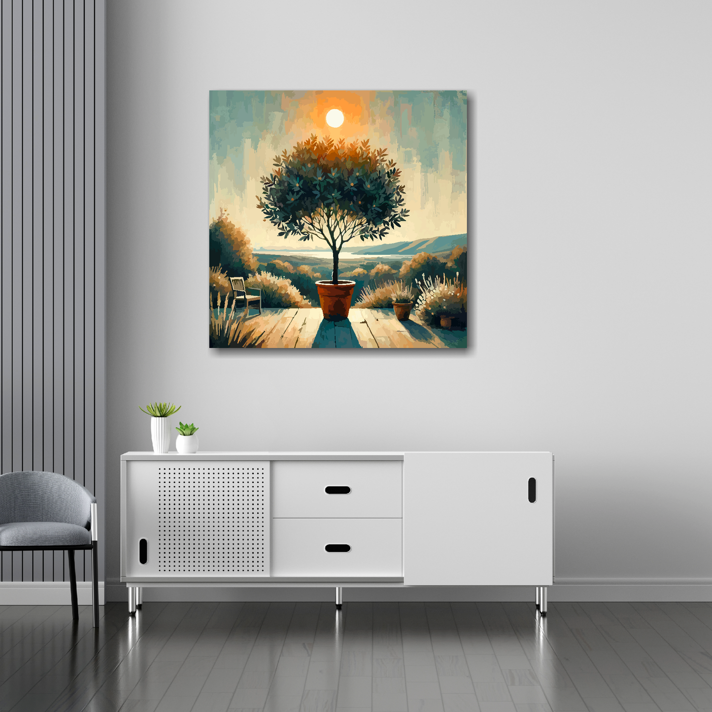 Bay tree canvas 30x30 inches above sideboard - large colourful botanical art UK made