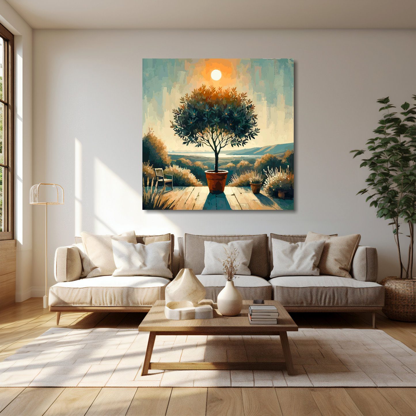 Bay tree canvas 40x40 inches above cream sofa - XL vibrant botanical wall art UK
