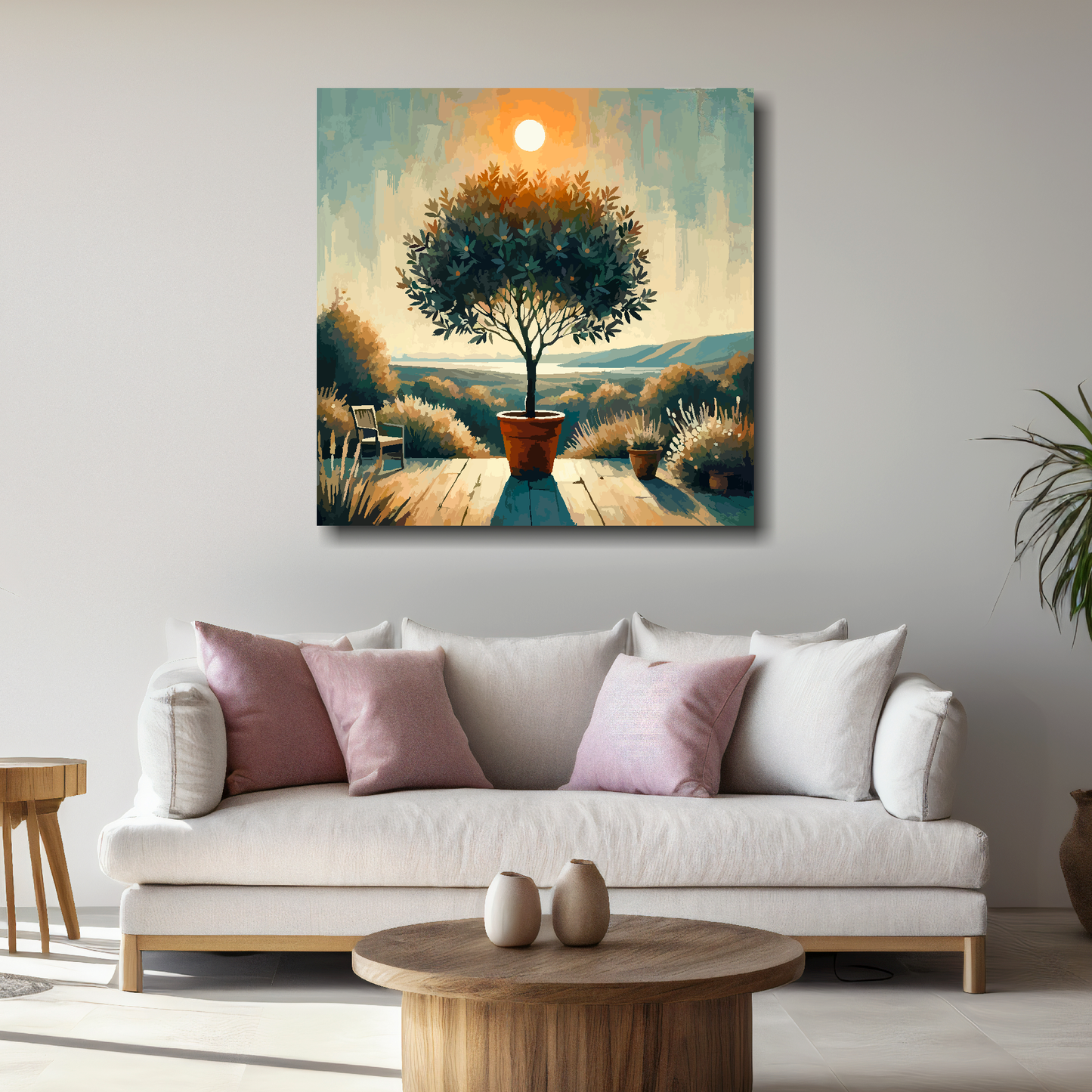 Large bay tree canvas above white sofa - vibrant abstract botanical wall art UK