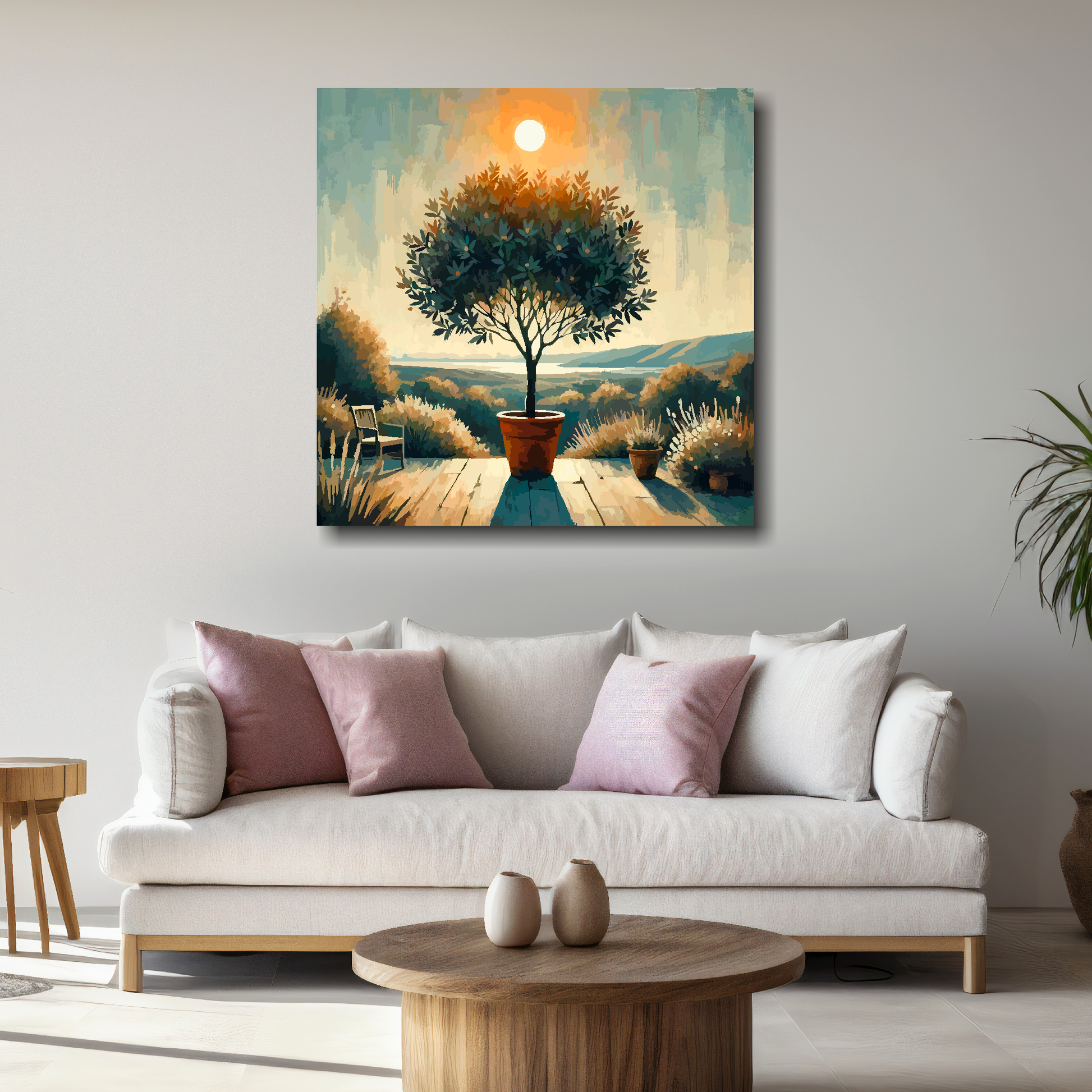 Large bay tree canvas above white sofa - vibrant abstract botanical wall art UK