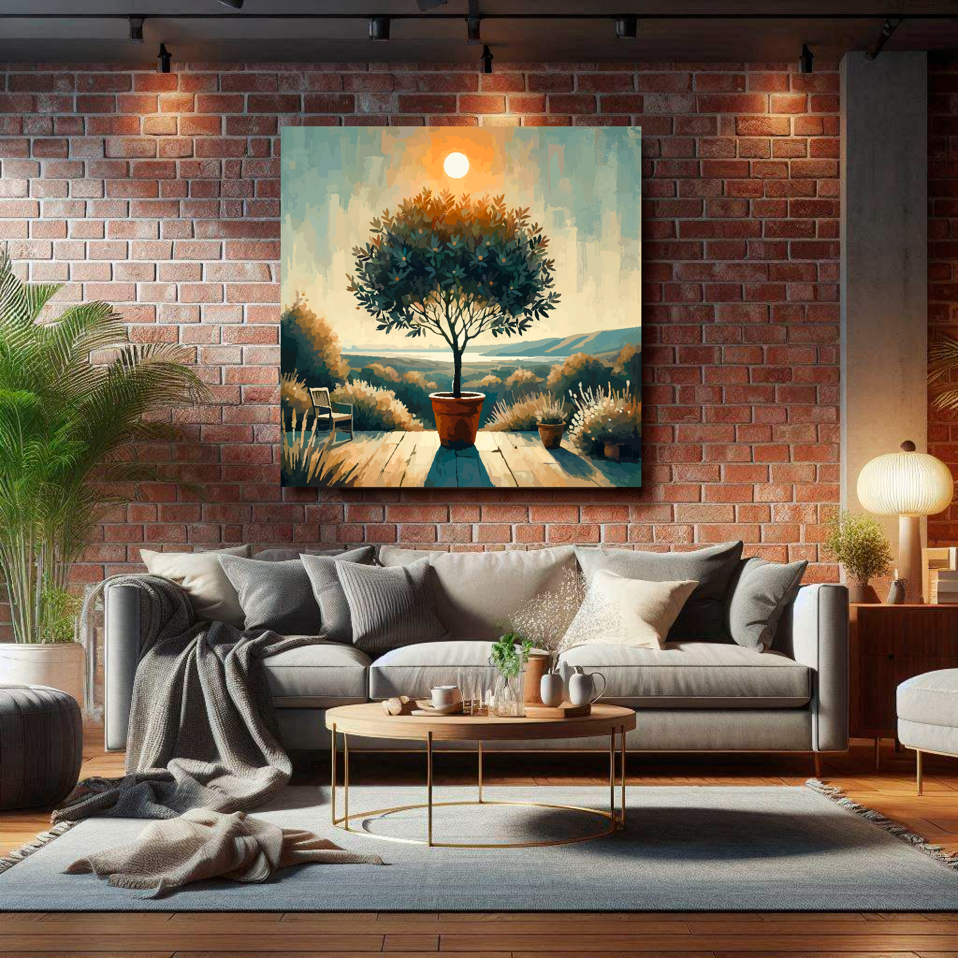 Large bay tree canvas on brick wall above grey sofa - bold botanical art UK living room