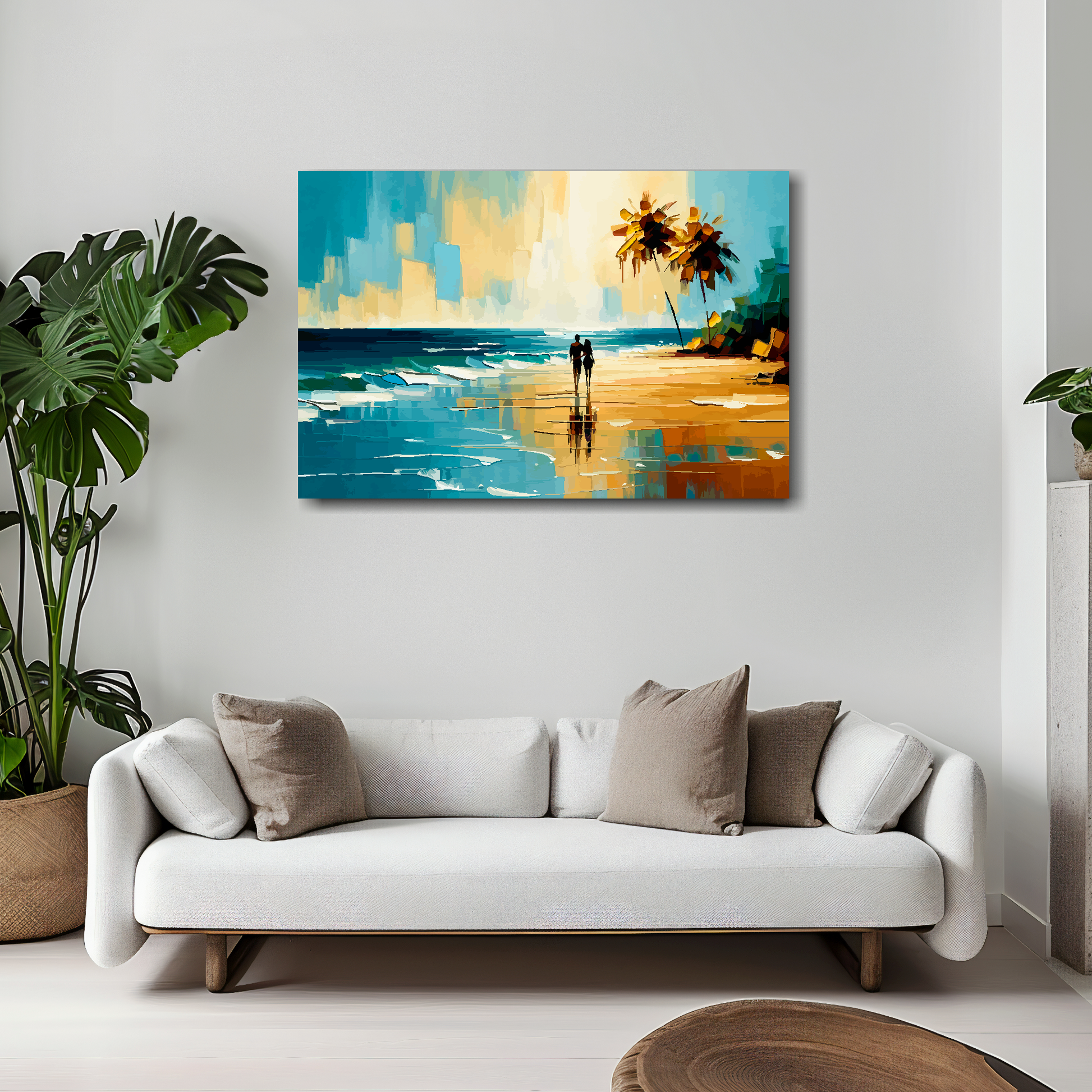 Beach serenity canvas 30x20 inches above white sofa - vibrant coastal wall art UK