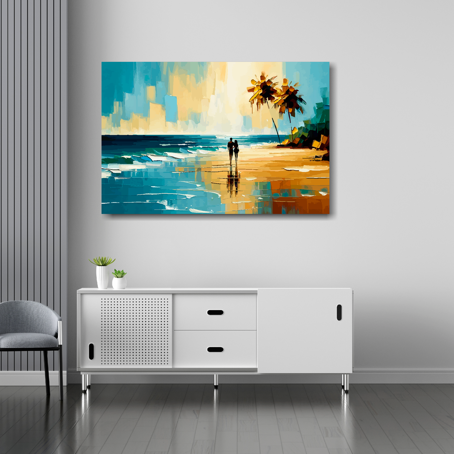 Beach serenity canvas 36x24 inches above sideboard - large colourful coastal art UK made
