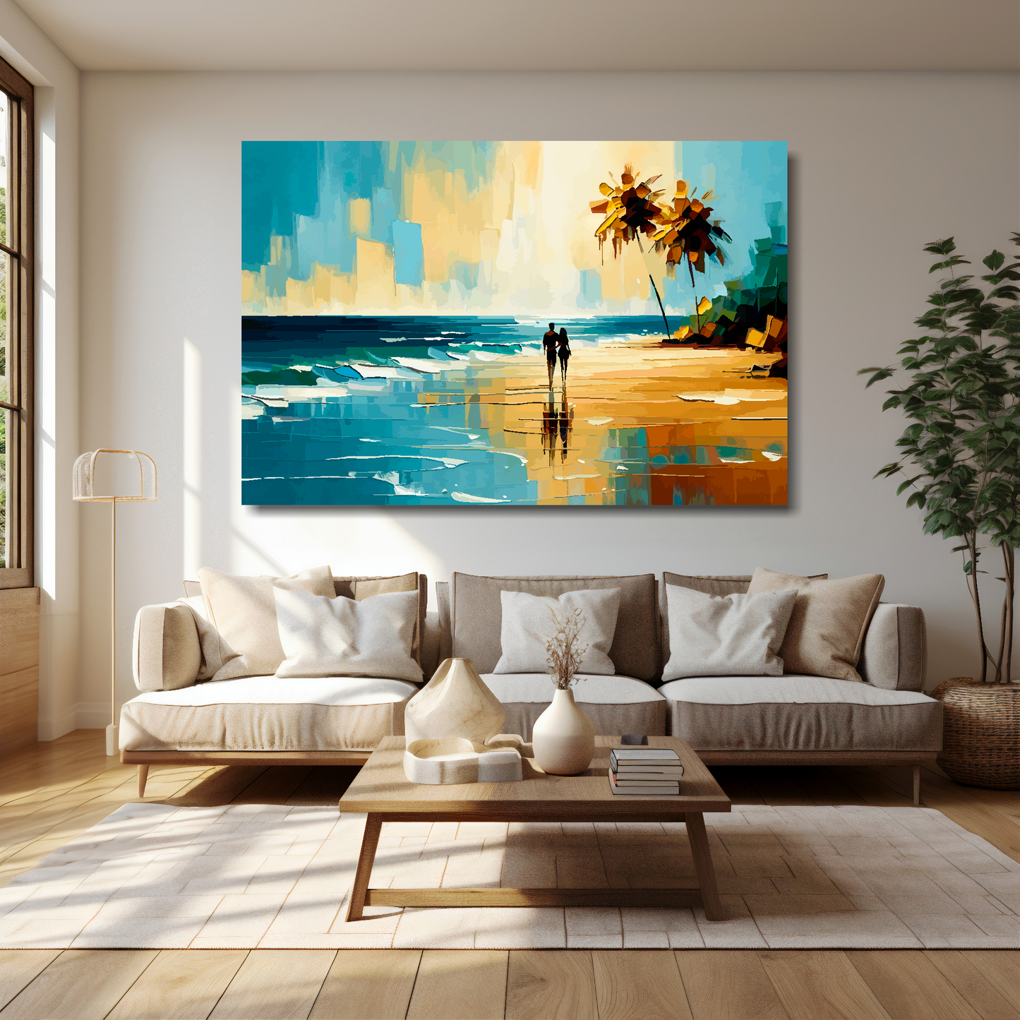 Beach serenity canvas 60x40 inches above cream sofa - XL vibrant coastal wall art UK