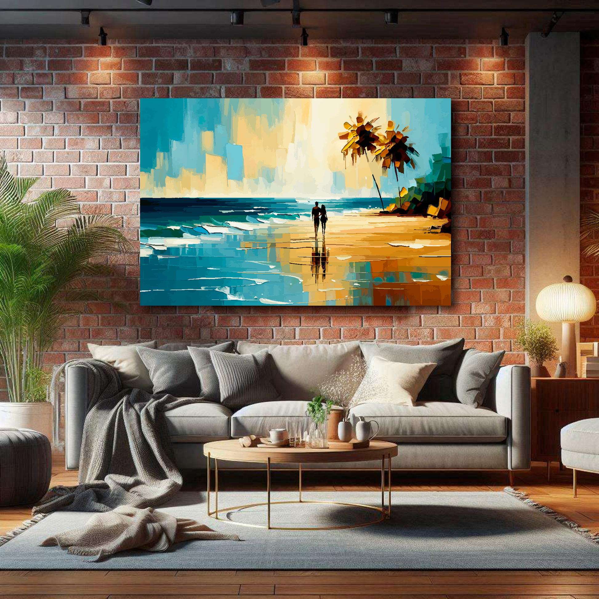 Large beach serenity canvas on brick wall above grey sofa - bold coastal art UK living room