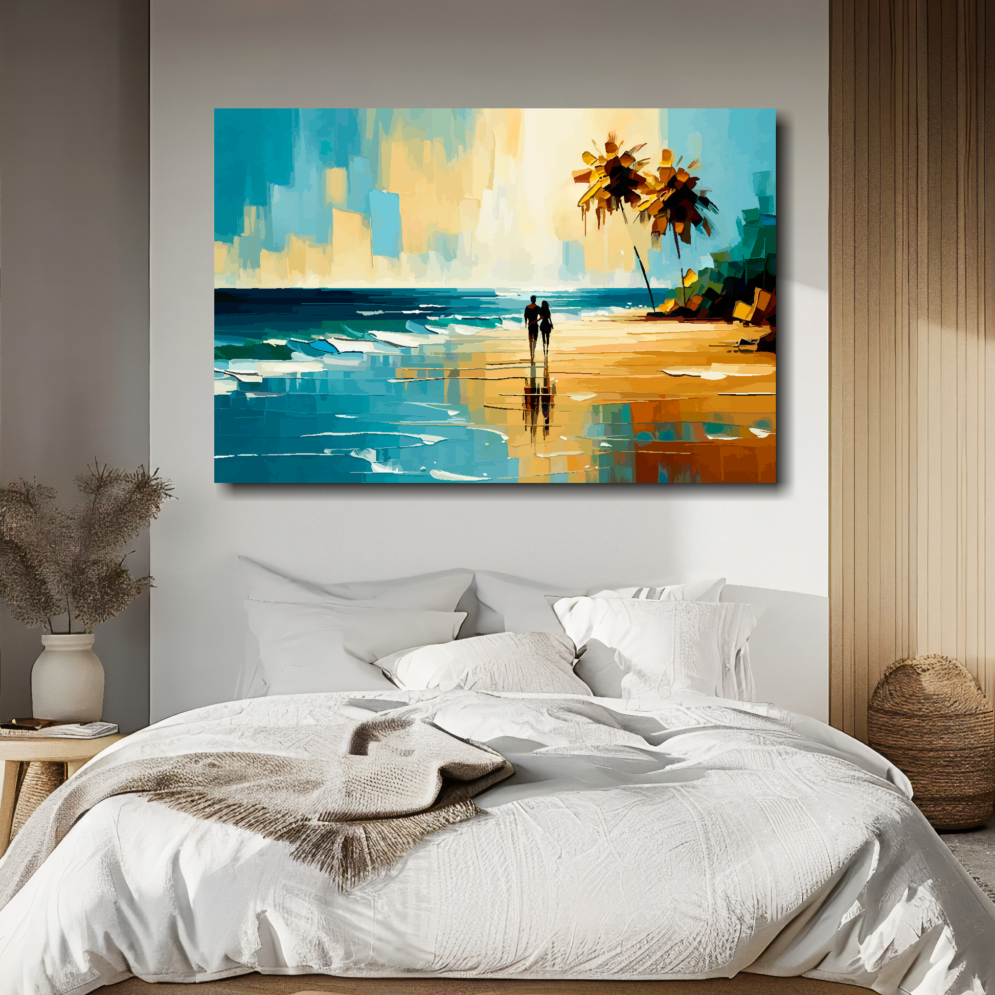Beach serenity canvas above bed - colourful coastal wall decor for UK bedrooms