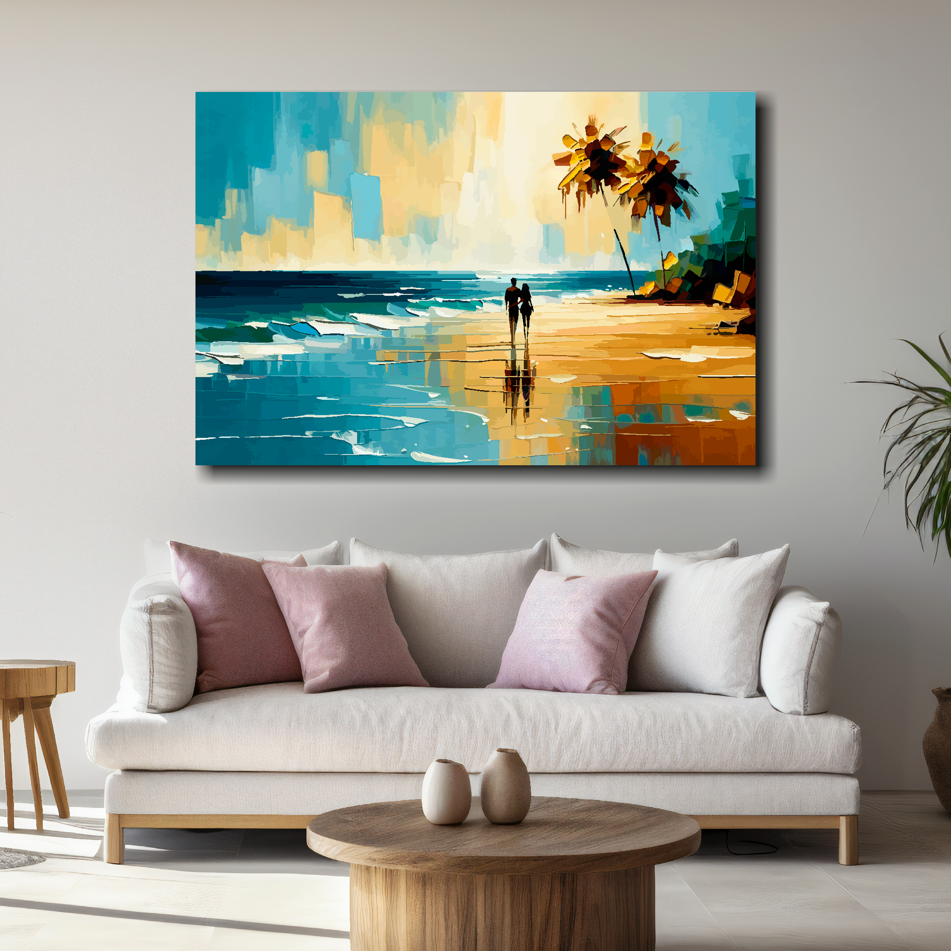 Large beach serenity canvas above white sofa - vibrant abstract coastal wall art UK