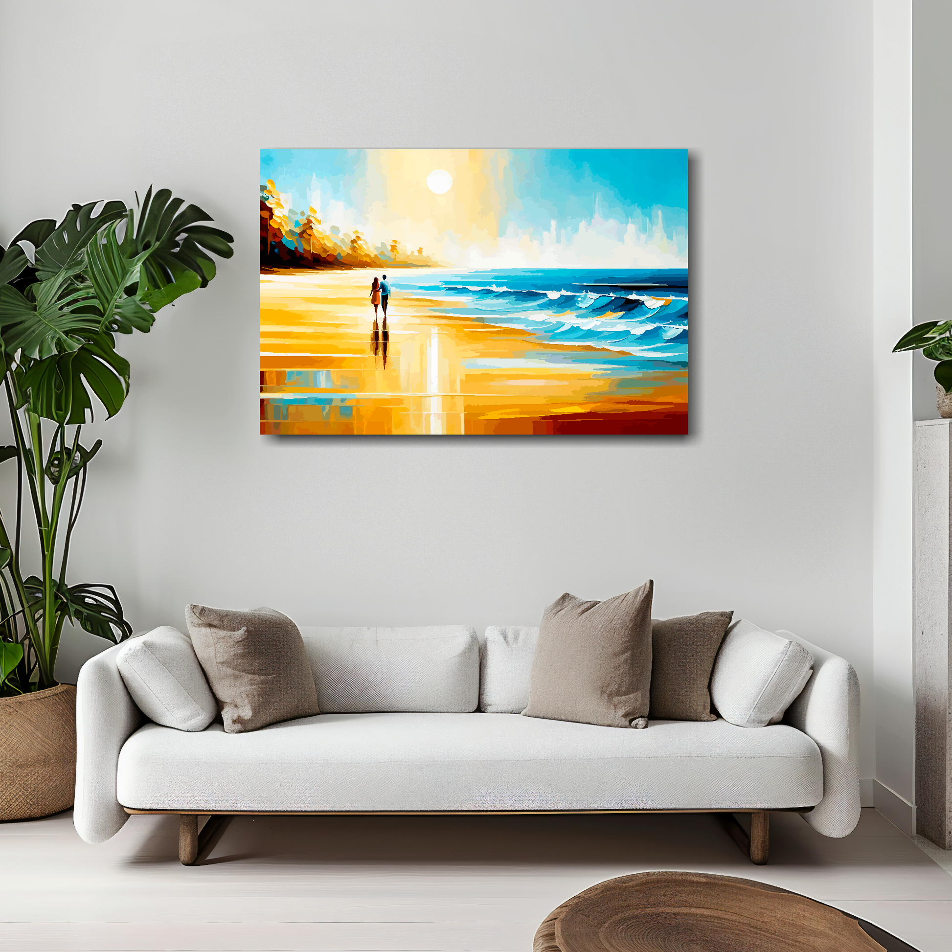 Beach walk canvas 30x20 inches above white sofa - vibrant coastal wall art UK