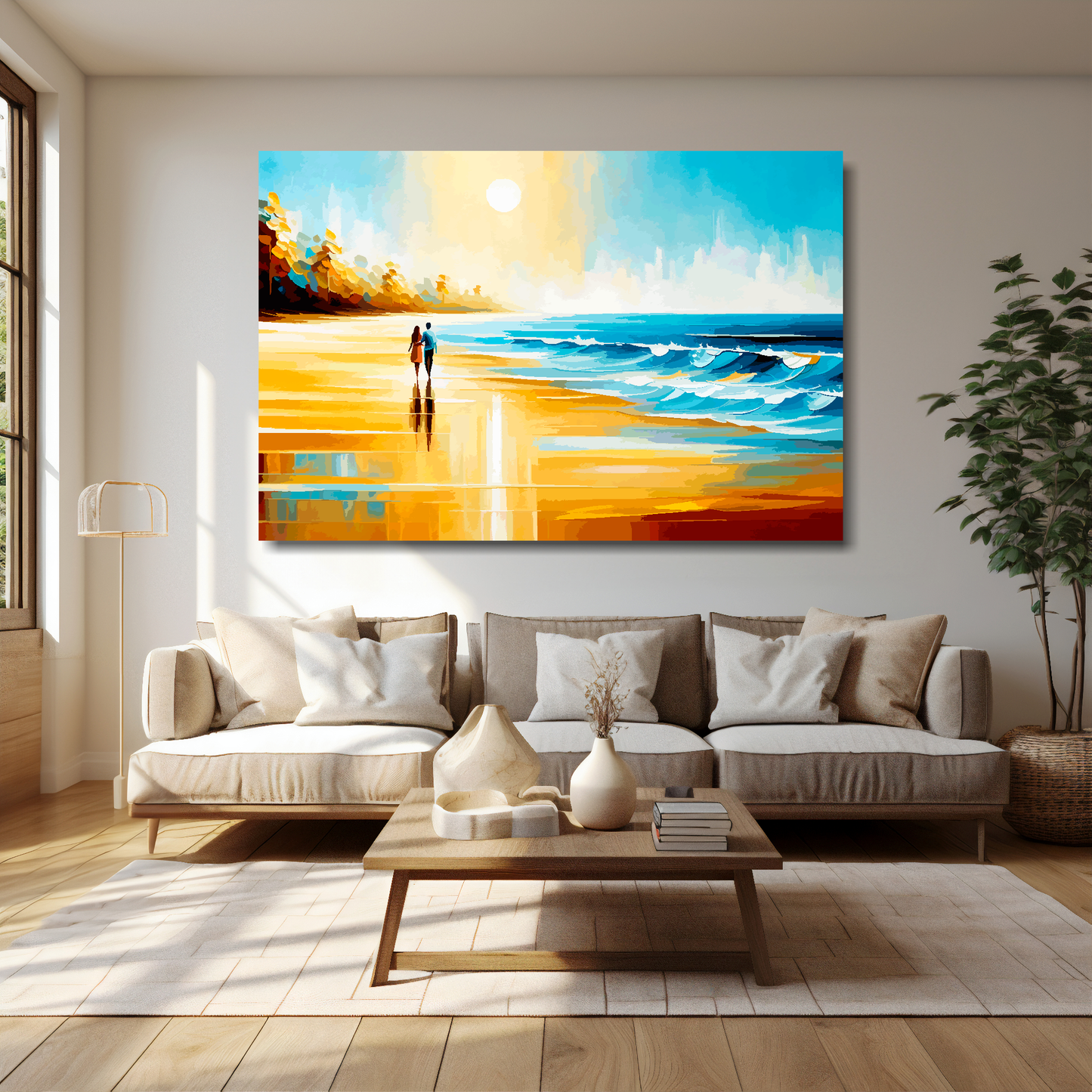 Beach walk canvas 60x40 inches above cream sofa - XL vibrant coastal wall art UK
