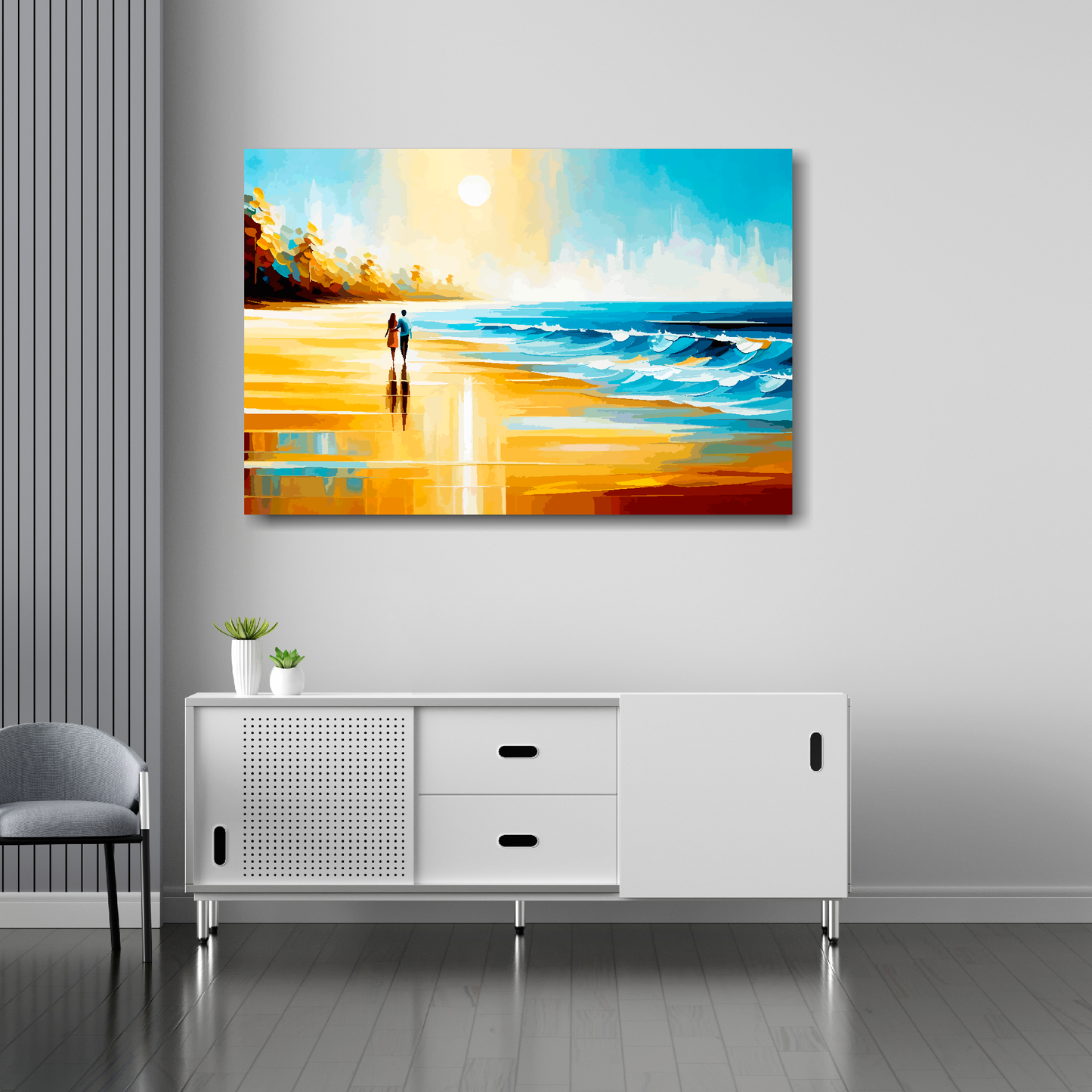 Beach walk canvas 36x24 inches above sideboard - large colourful coastal art UK made