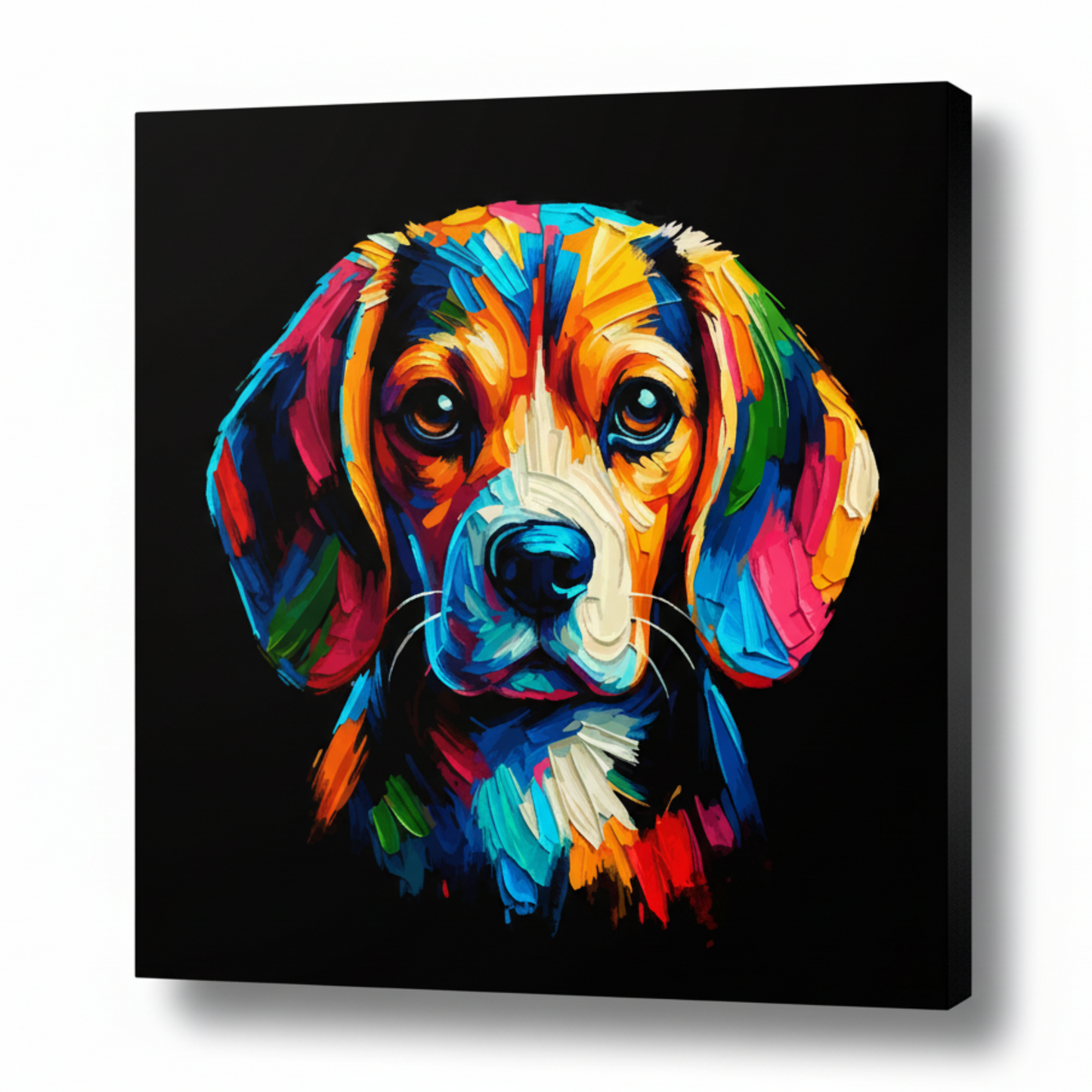 Colourful Beagle dog portrait canvas print - UK made abstract pet wall art black background