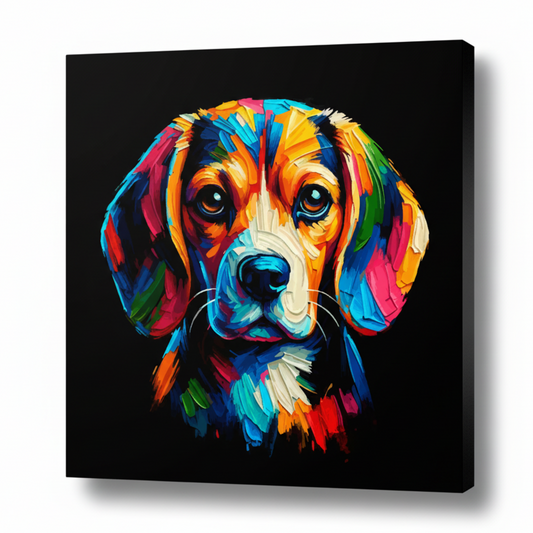 Colourful Beagle dog portrait canvas print - UK made abstract pet wall art black background