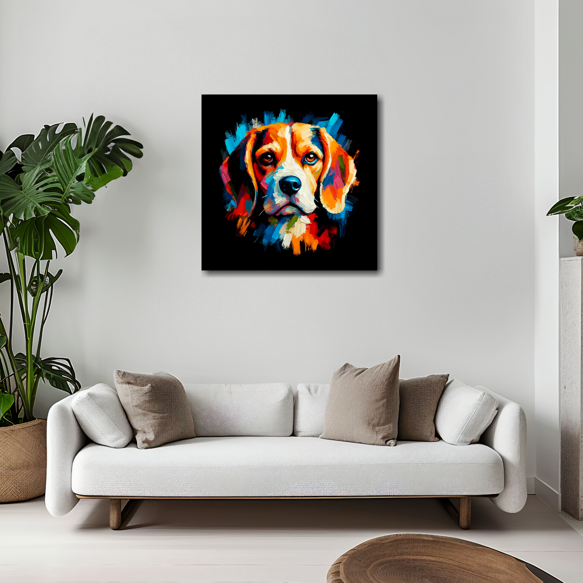 Beagle canvas 20x20 inches above white sofa - vibrant dog portrait wall art UK