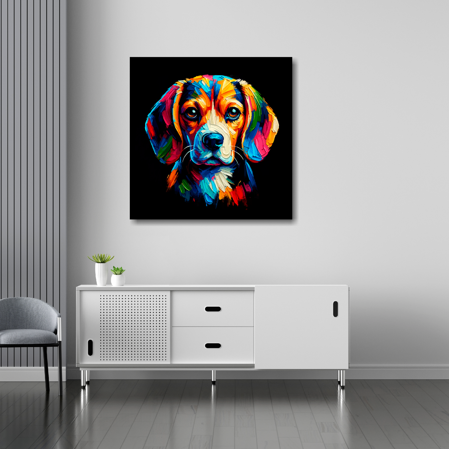 Beagle canvas 30x30 inches above sideboard - large colourful dog portrait UK made