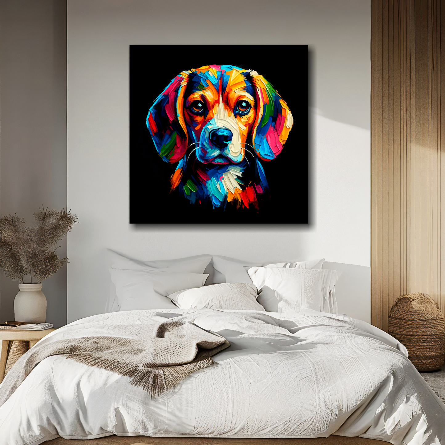 Beagle portrait canvas above bed - colourful dog wall decor for UK bedrooms