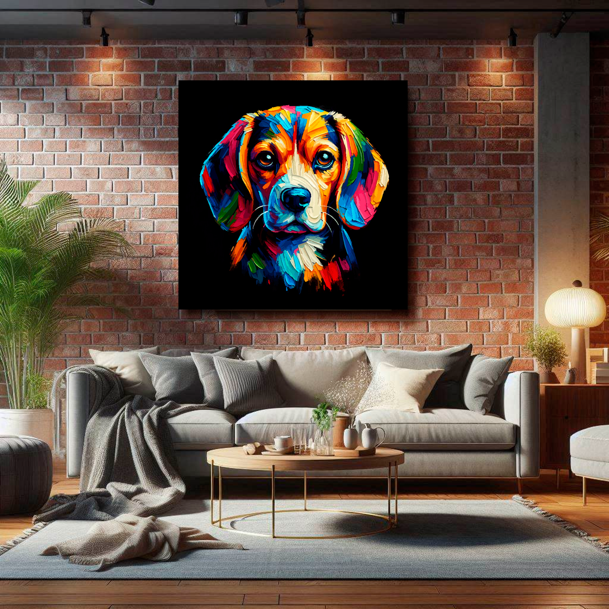 Large Beagle canvas on brick wall above grey sofa - bold dog portrait UK living room