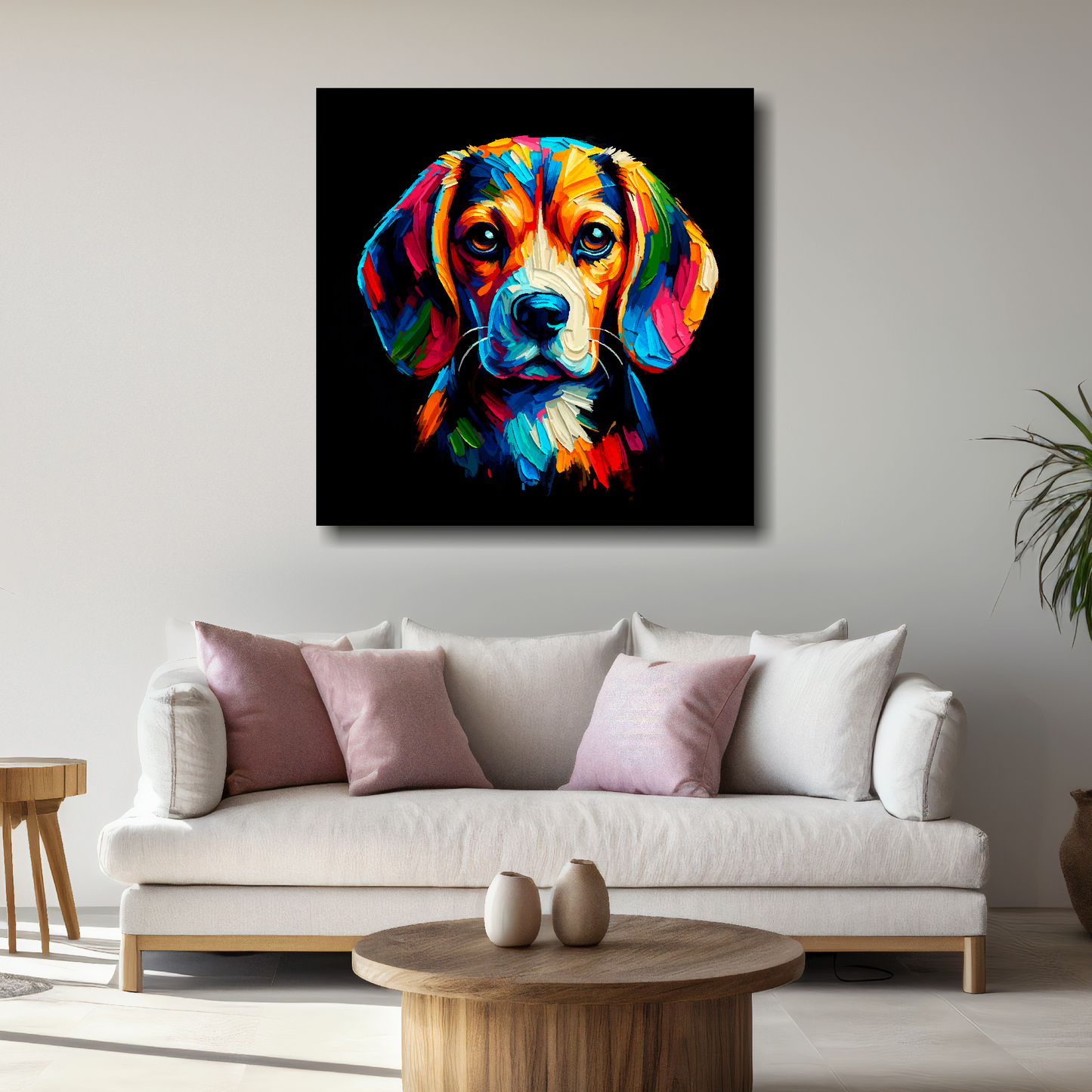 Large Beagle canvas above white sofa - vibrant abstract dog portrait wall art UK