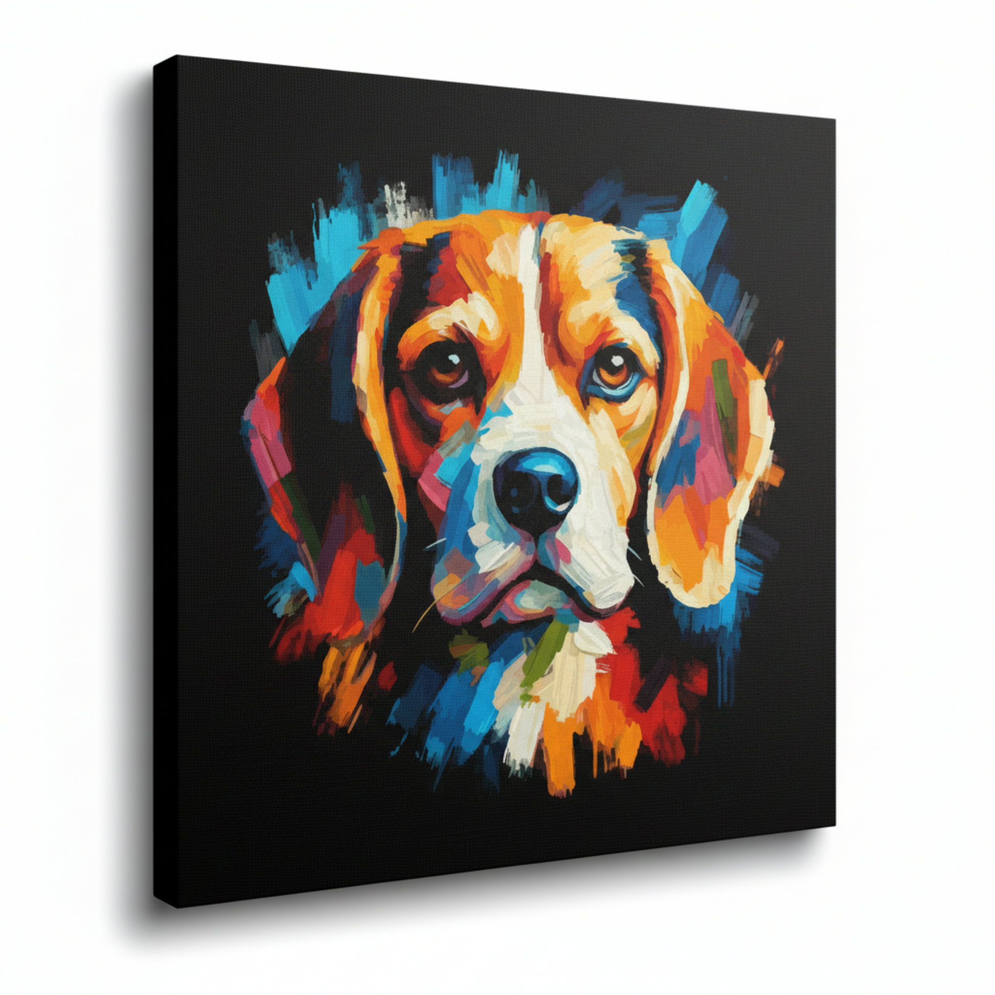 Colourful Beagle dog portrait canvas print - UK made abstract pet wall art black background