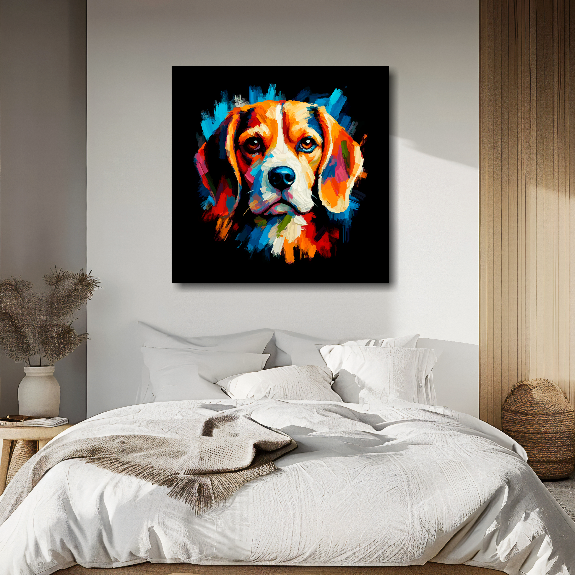 Beagle portrait canvas above bed - colourful dog wall decor for UK bedrooms
