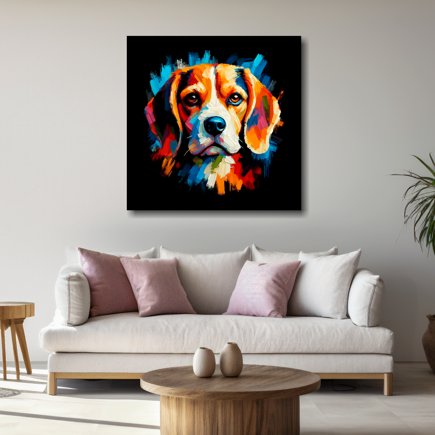 Large Beagle canvas above white sofa - vibrant abstract dog portrait wall art UK