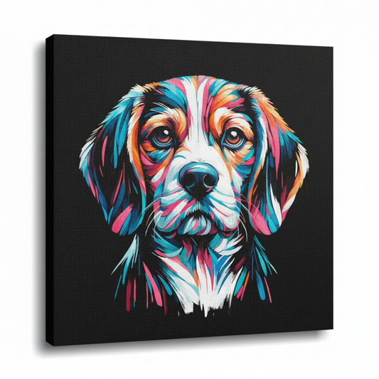 Colourful Beaglier dog portrait canvas print - UK made abstract pet wall art black background