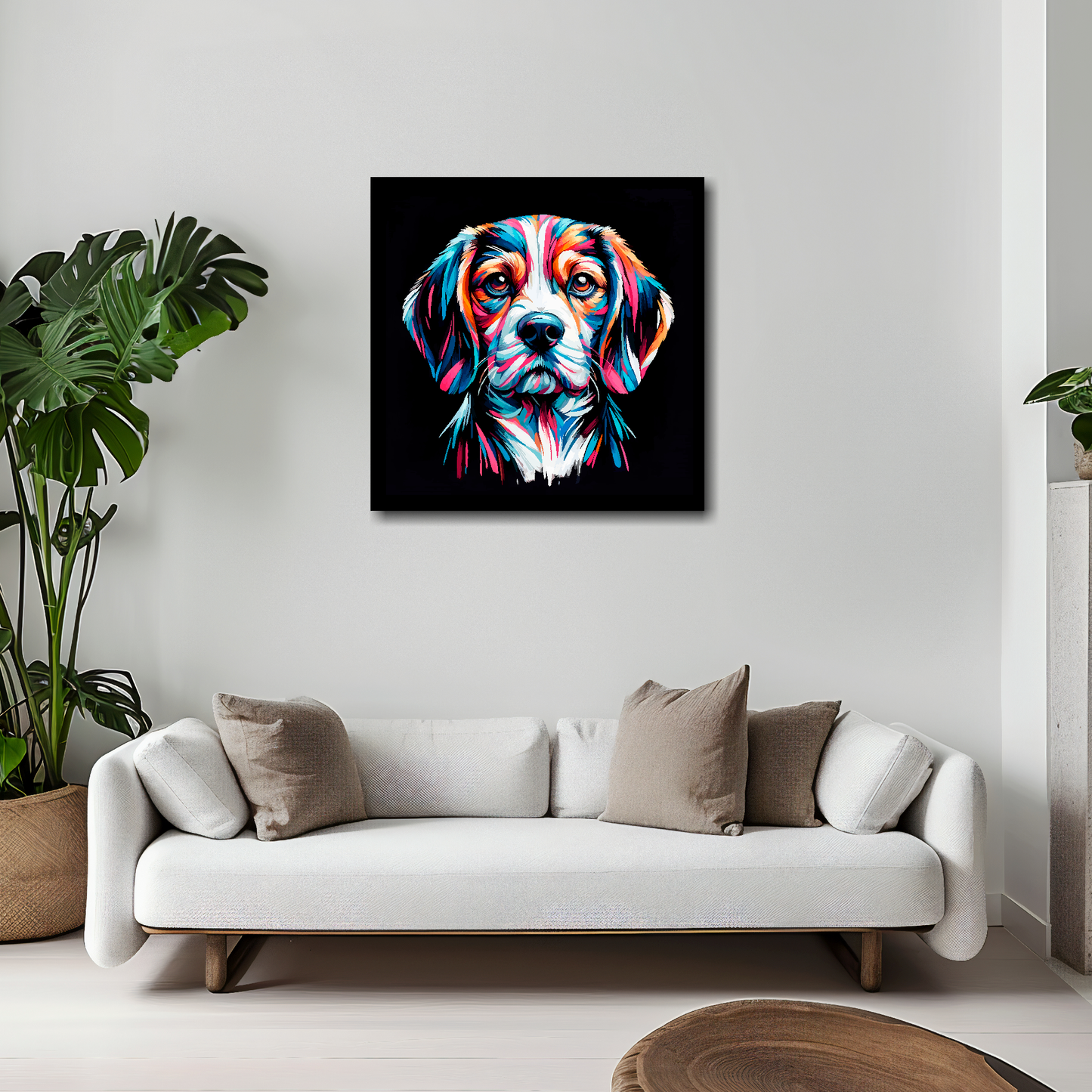Beaglier canvas 20x20 inches above white sofa - vibrant dog portrait wall art UK