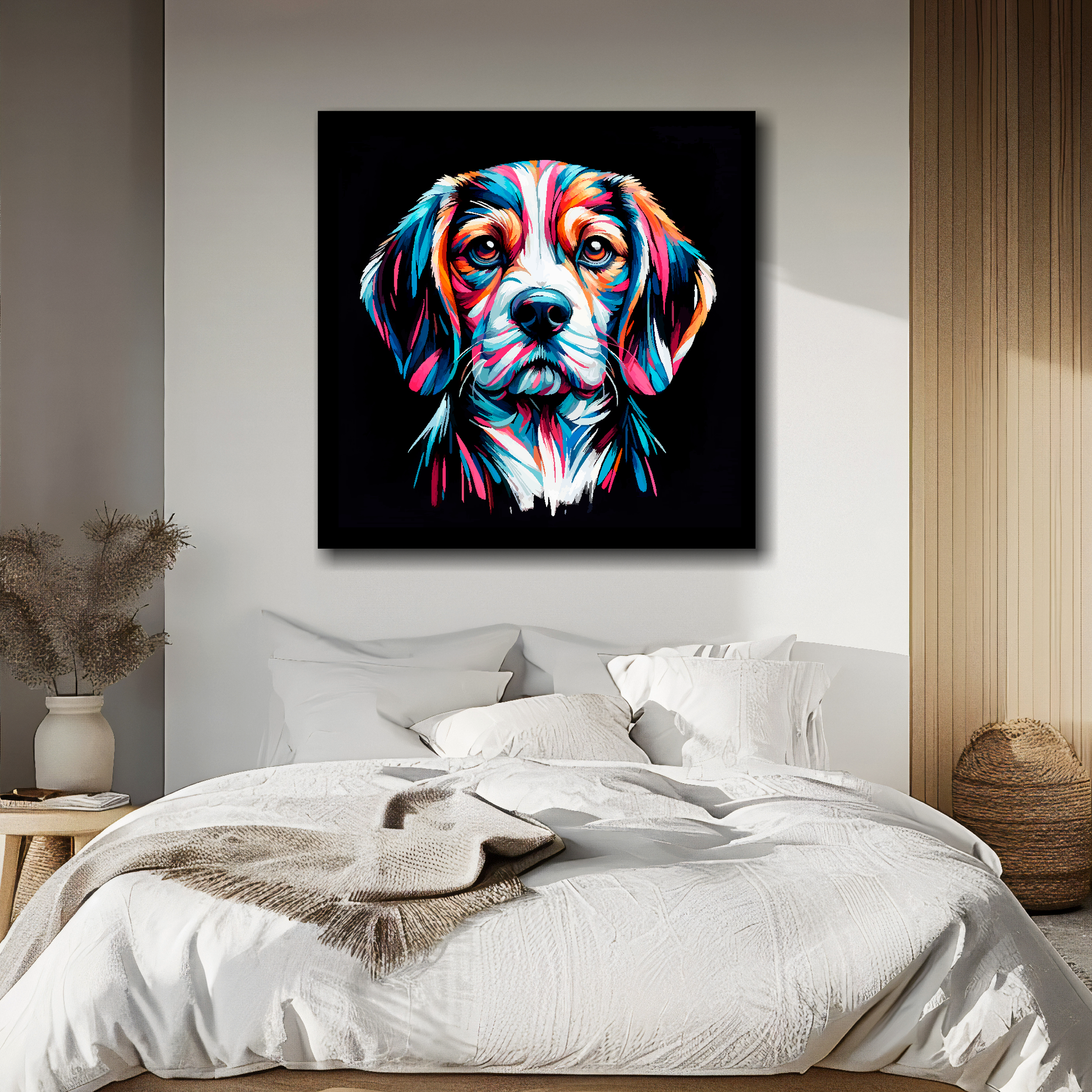 Beaglier portrait canvas above bed - colourful dog wall decor for UK bedrooms