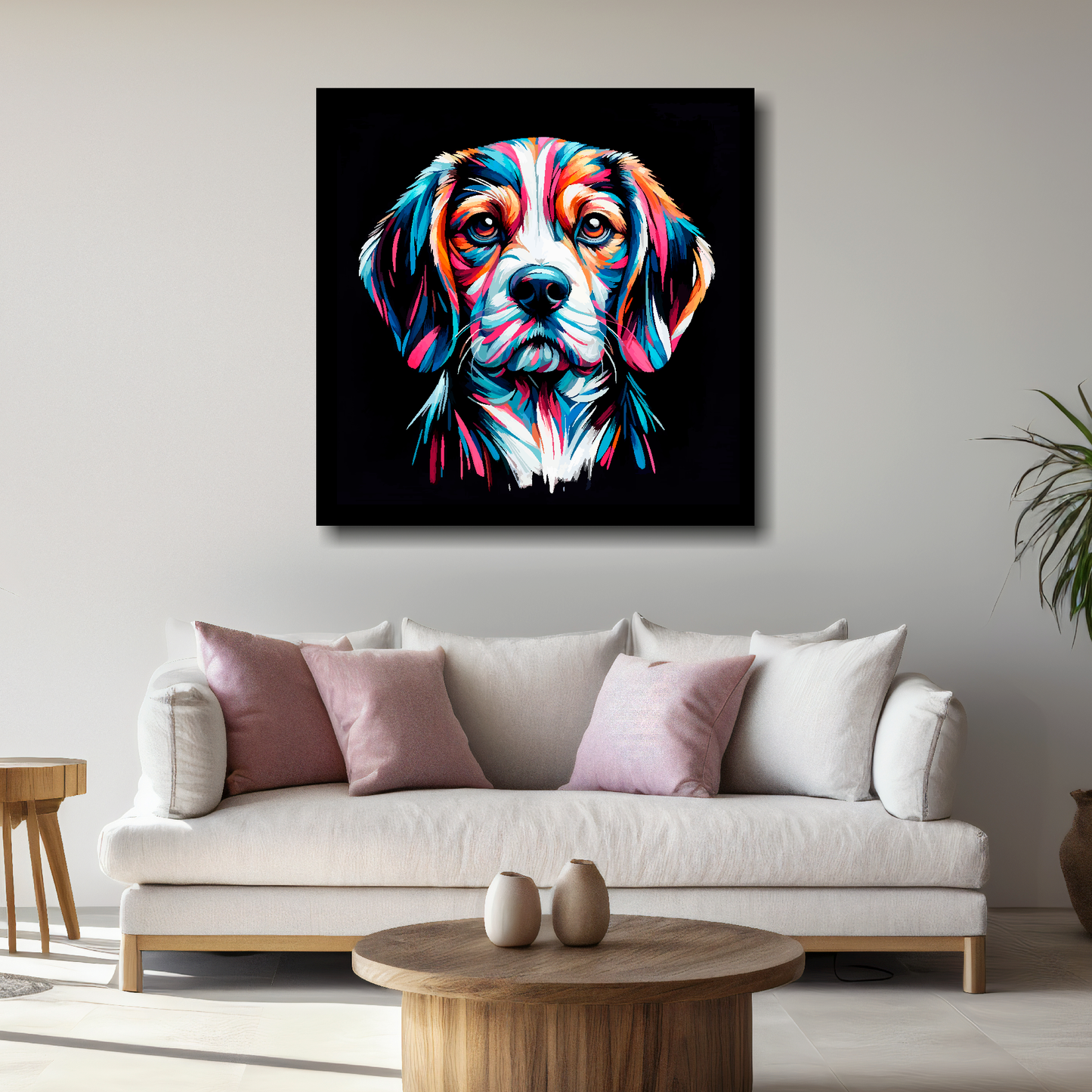 Large Beaglier canvas above white sofa - vibrant abstract dog portrait wall art UK