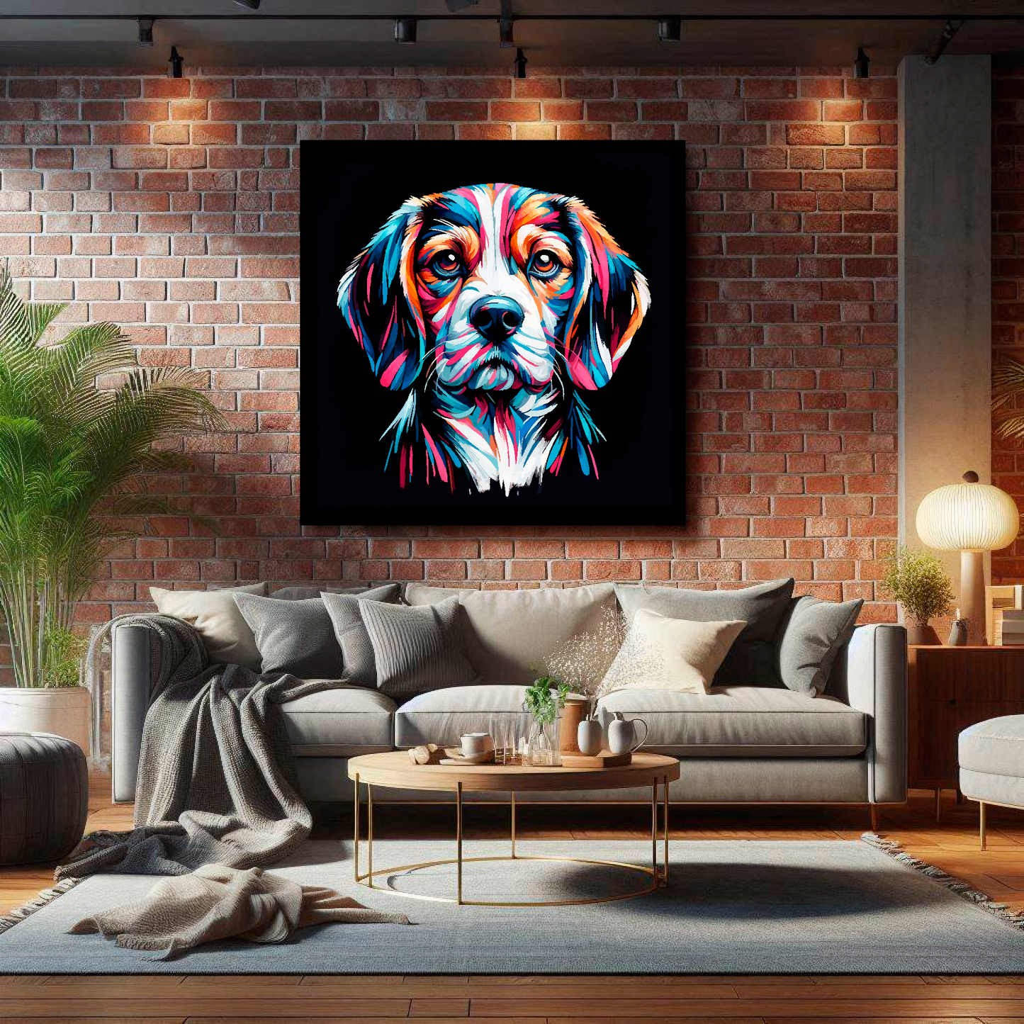 Large Beaglier canvas on brick wall above grey sofa - bold dog portrait UK living room