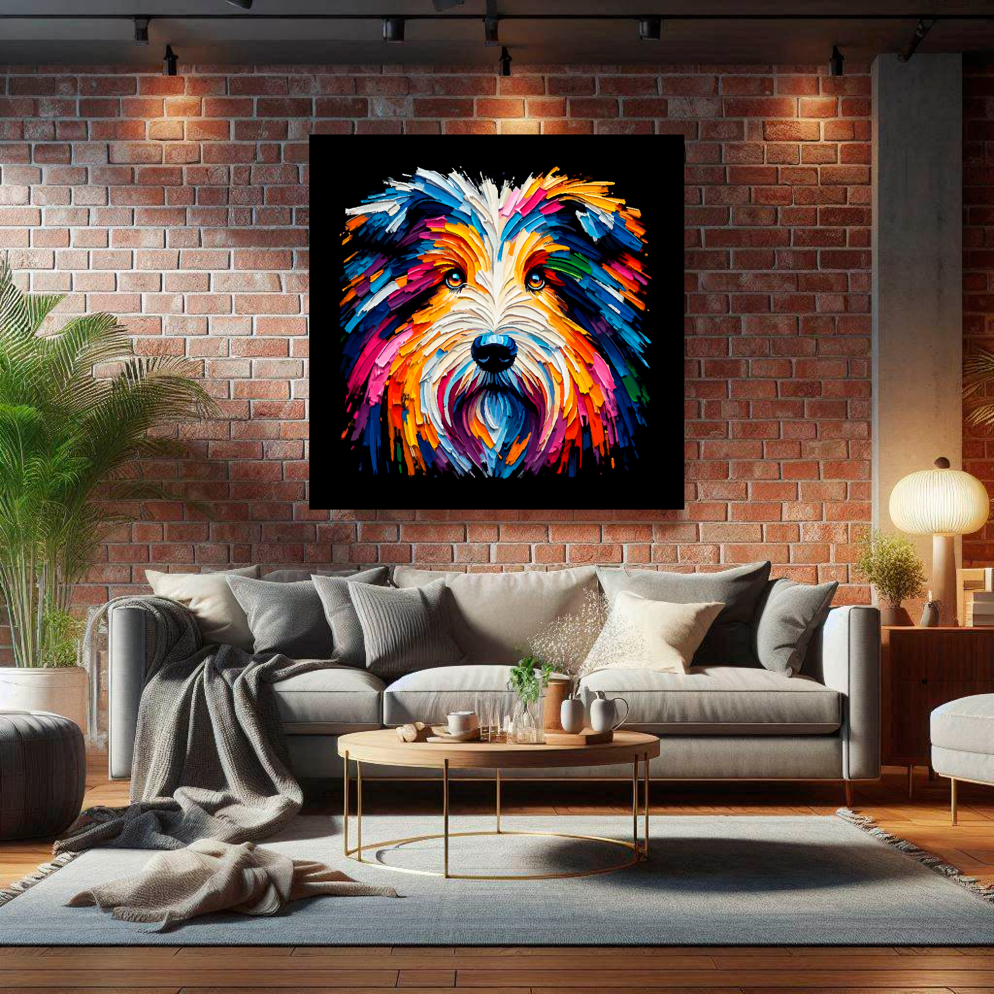 Large Bearded Collie canvas on brick wall above grey sofa - bold dog portrait UK living room