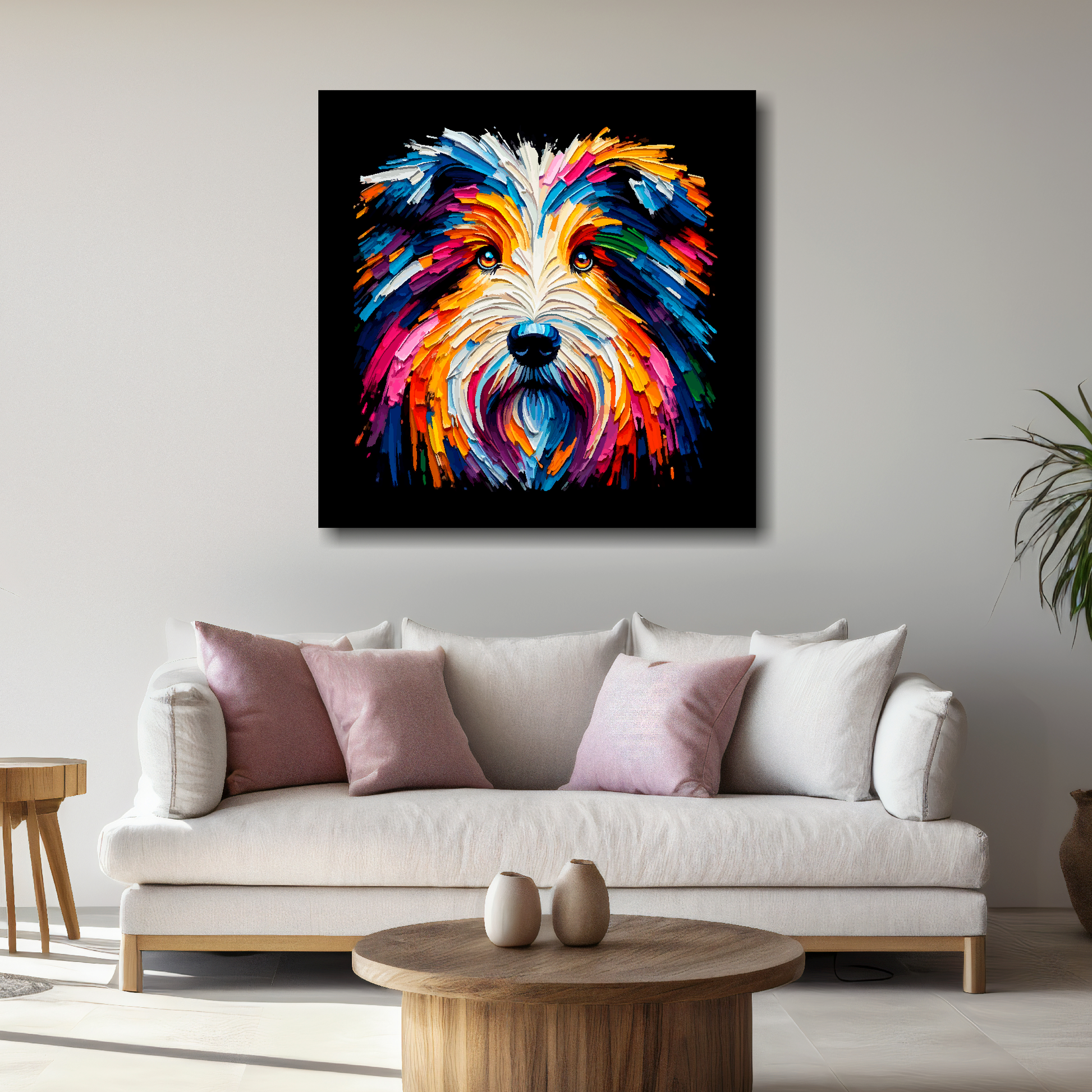 Large Bearded Collie canvas above white sofa - vibrant abstract dog portrait wall art UK