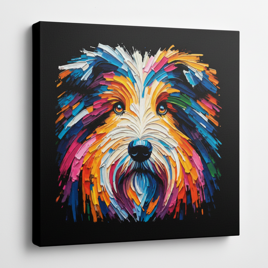 Colourful Bearded Collie dog portrait canvas print - UK made abstract pet wall art black background